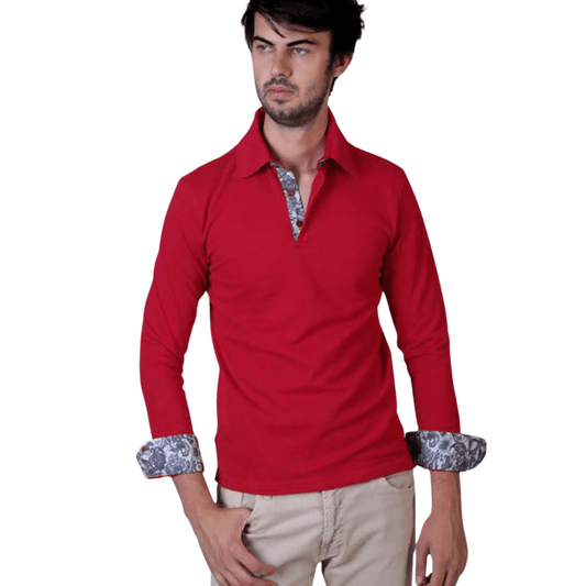Men's Slim-Fit Red Paisley 3 Button Designer Polo Shirt – red paisley design with a spread collar, made from 100% luxury European cotton, tailored for a slim fit.