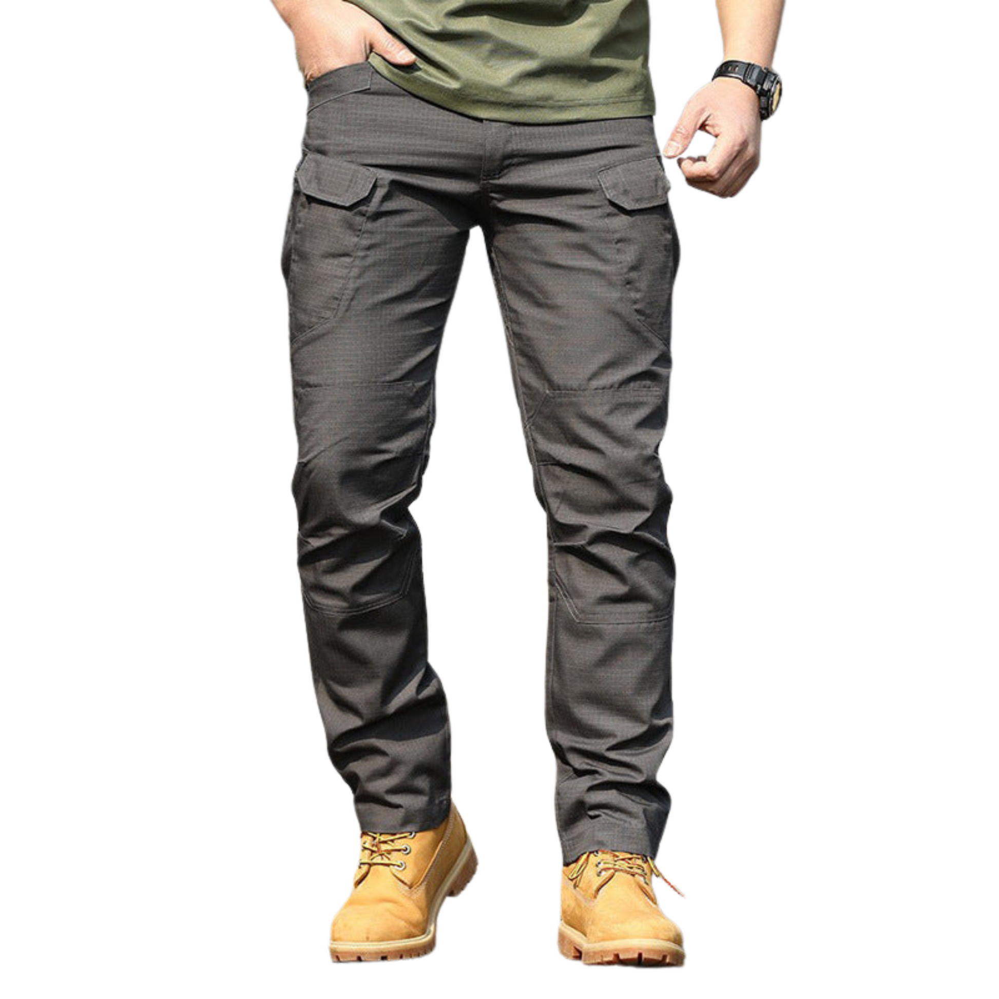 Men's Slim-Fit Spec Ops Style Utility Pants in durable polyester, featuring a slim fit, multiple cargo pockets, and available in khaki, green, black, and cold gray. Perfect for versatile, active wear.