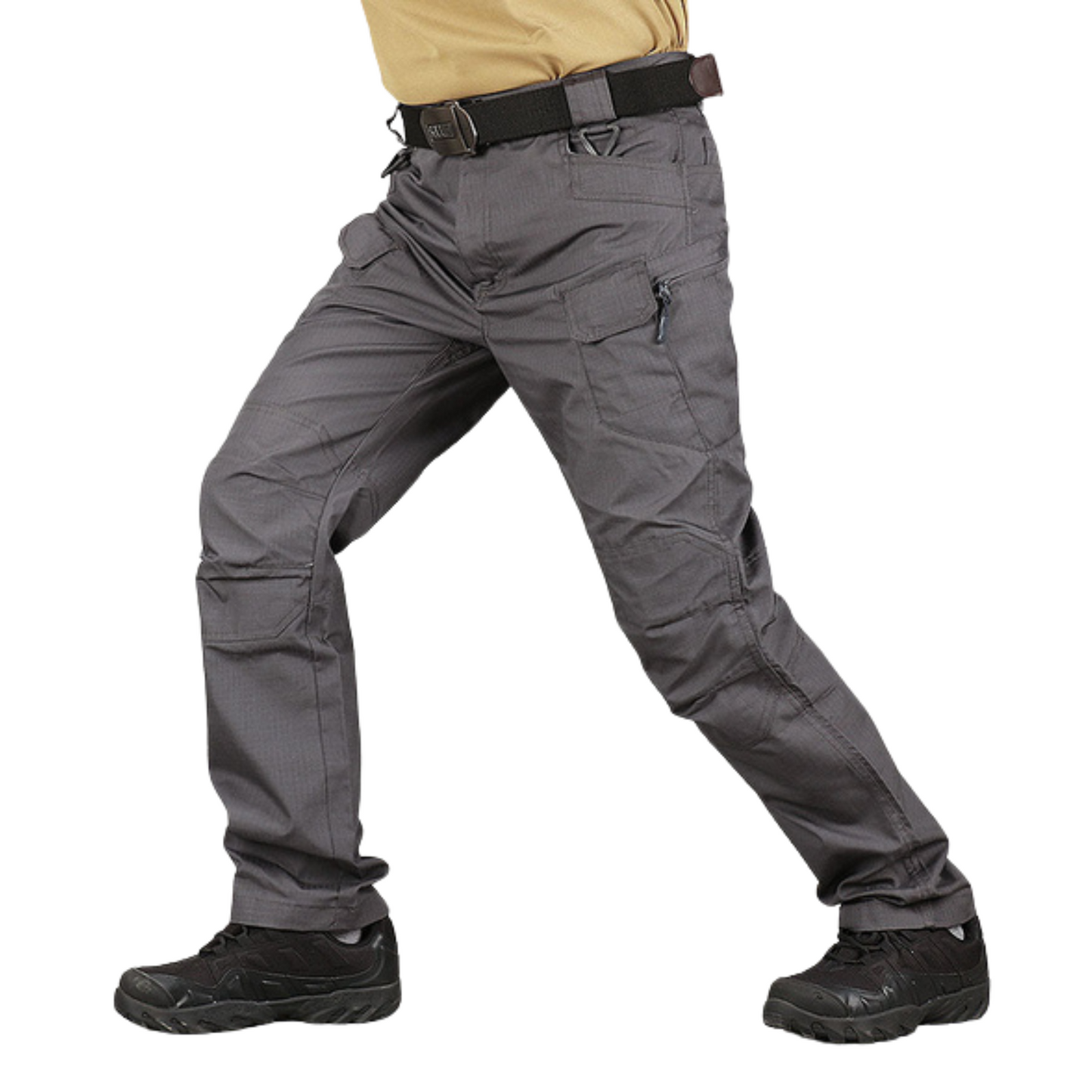 Men's Slim-Fit Spec Ops Style Utility Pants in durable polyester, featuring a slim fit, multiple cargo pockets, and available in khaki, green, black, and cold gray. Perfect for versatile, active wear.