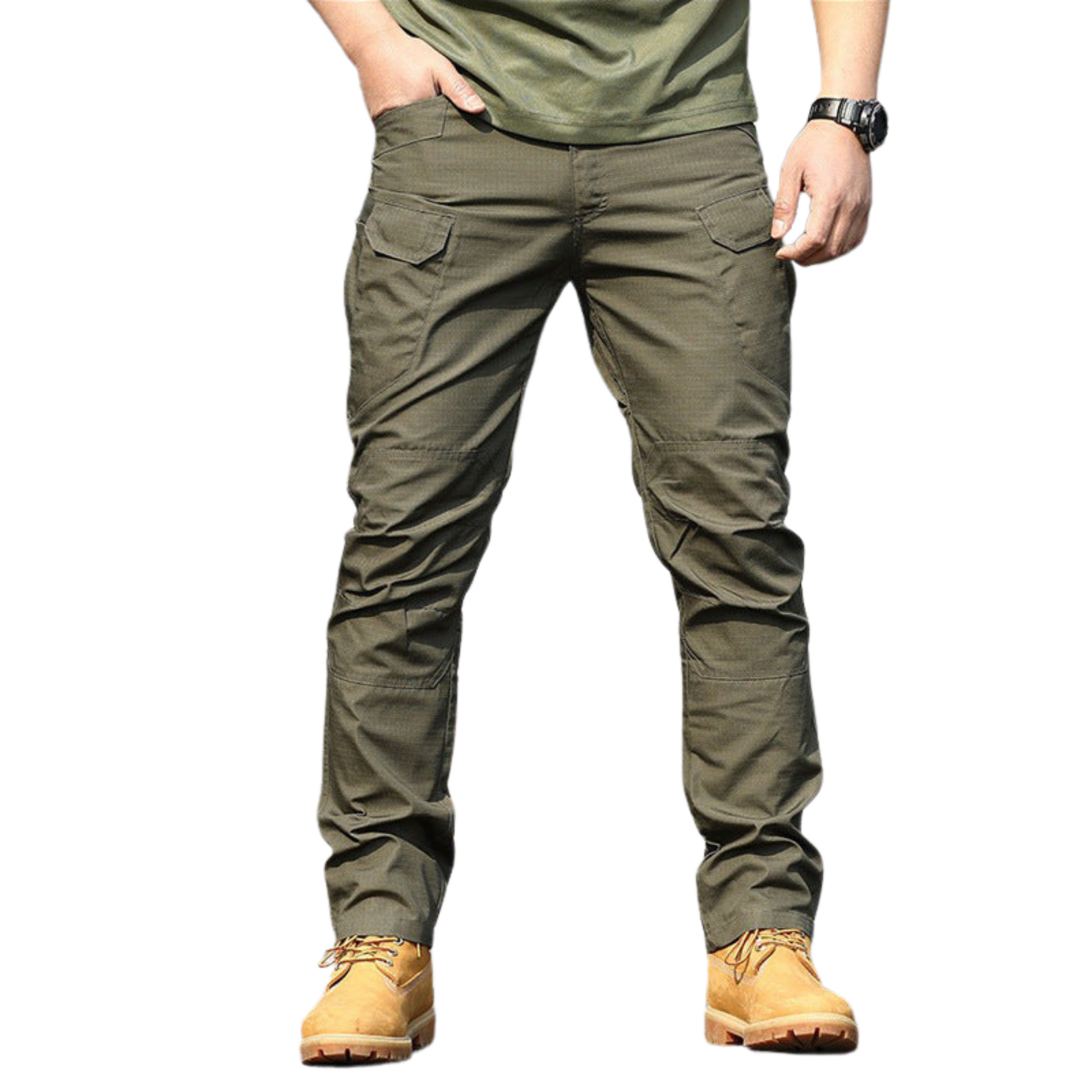 Men's Slim-Fit Spec Ops Style Utility Pants in durable polyester, featuring a slim fit, multiple cargo pockets, and available in khaki, green, black, and cold gray. Perfect for versatile, active wear.