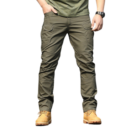 Men's Slim-Fit Spec Ops Style Utility Pants in durable polyester, featuring a slim fit, multiple cargo pockets, and available in khaki, green, black, and cold gray. Perfect for versatile, active wear.