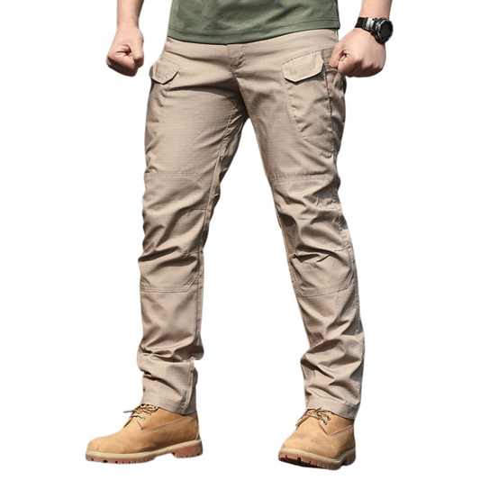 Men's Slim-Fit Spec Ops Style Utility Pants in durable polyester, featuring a slim fit, multiple cargo pockets, and available in khaki, green, black, and cold gray. Perfect for versatile, active wear.