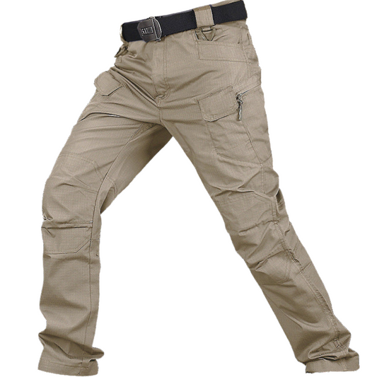 Men's Slim-Fit Spec Ops Style Utility Pants in durable polyester, featuring a slim fit, multiple cargo pockets, and available in khaki, green, black, and cold gray. Perfect for versatile, active wear.