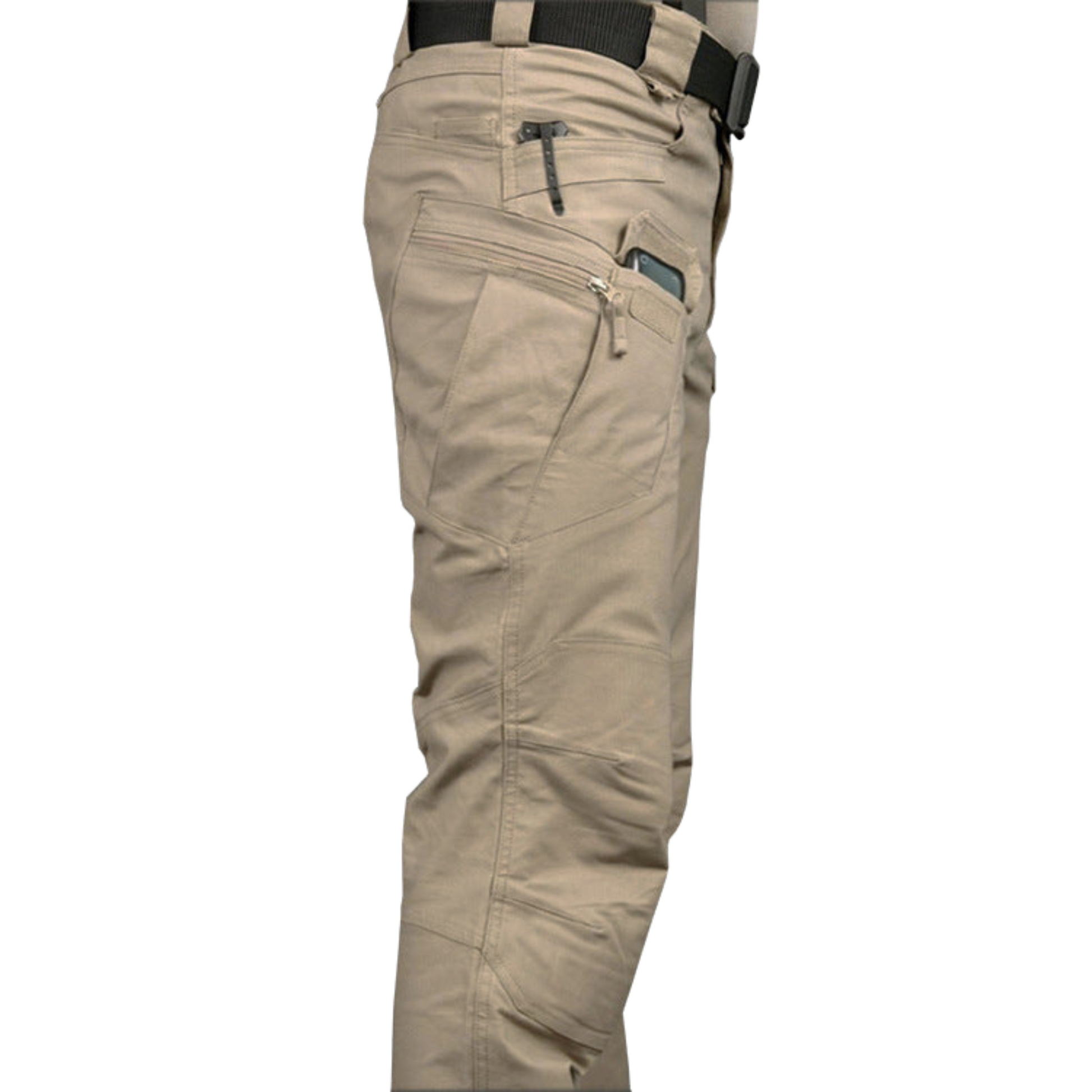Men's Slim-Fit Spec Ops Style Utility Pants in durable polyester, featuring a slim fit, multiple cargo pockets, and available in khaki, green, black, and cold gray. Perfect for versatile, active wear.