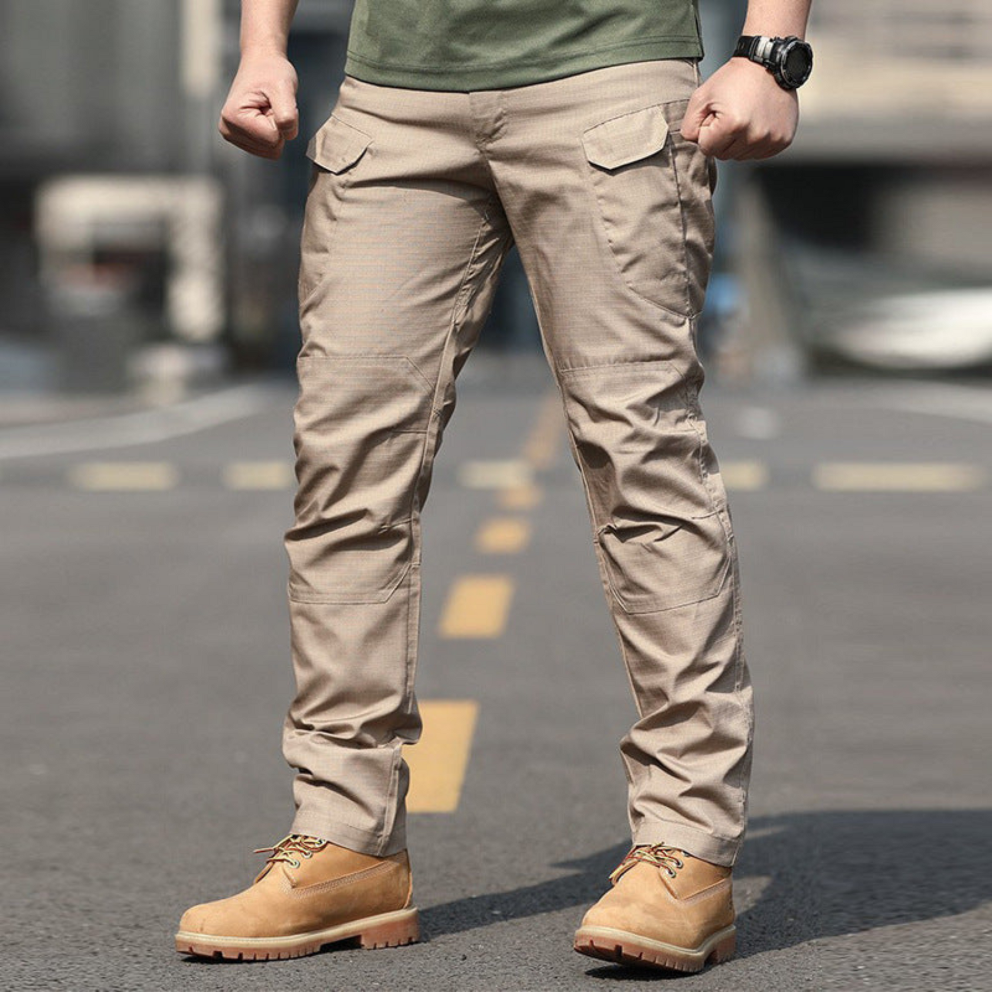 Men's Slim-Fit Spec Ops Style Utility Pants in durable polyester, featuring a slim fit, multiple cargo pockets, and available in khaki, green, black, and cold gray. Perfect for versatile, active wear.