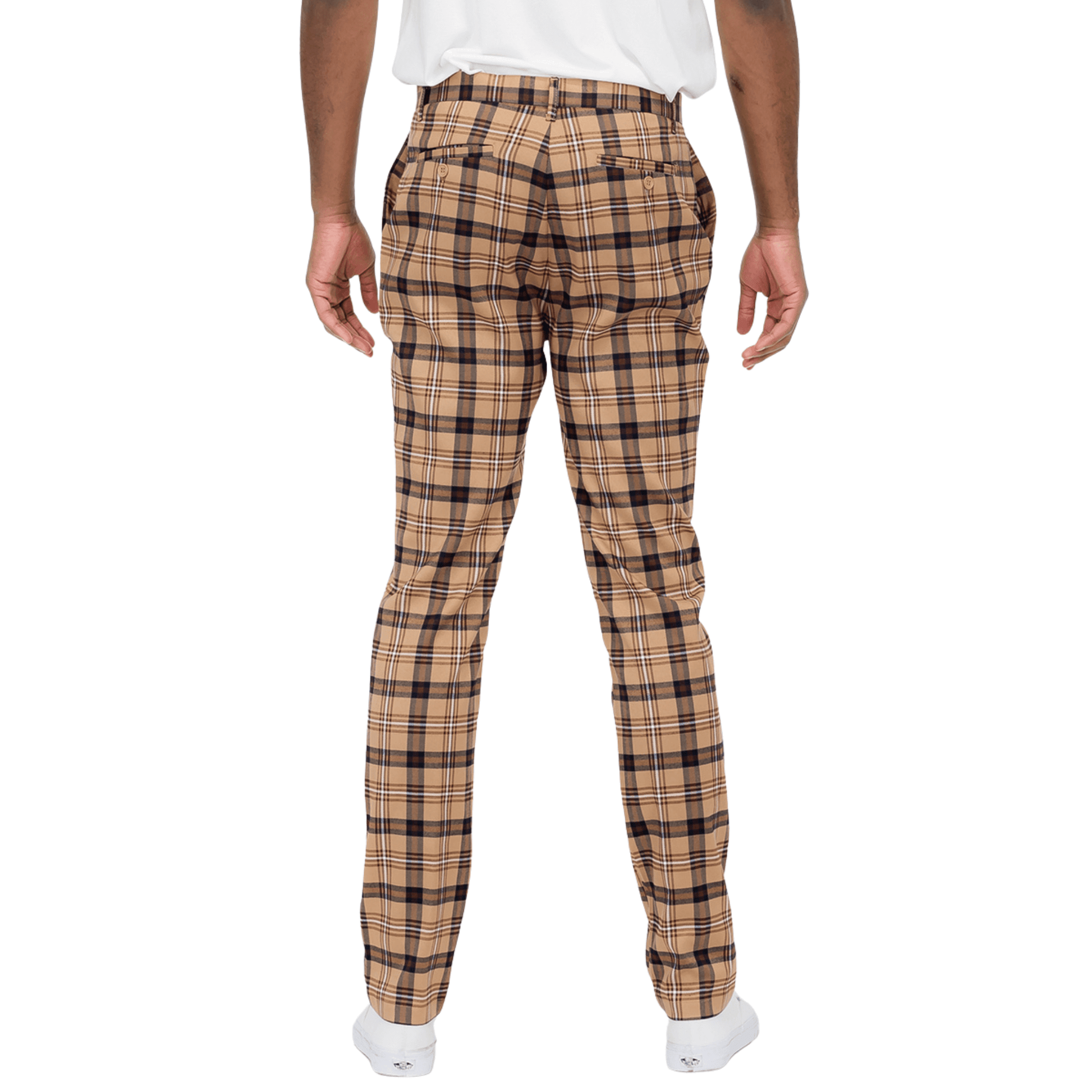 Men's Slim Fit Luxe Plaid Brown Chino Pants featuring a brown, black, and white plaid pattern.