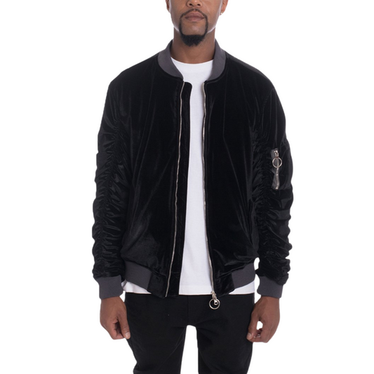 Men's Soft Velour Cinch Sleeve Black Bomber Jacket - Ash and Chrome Clothing Co LLC
