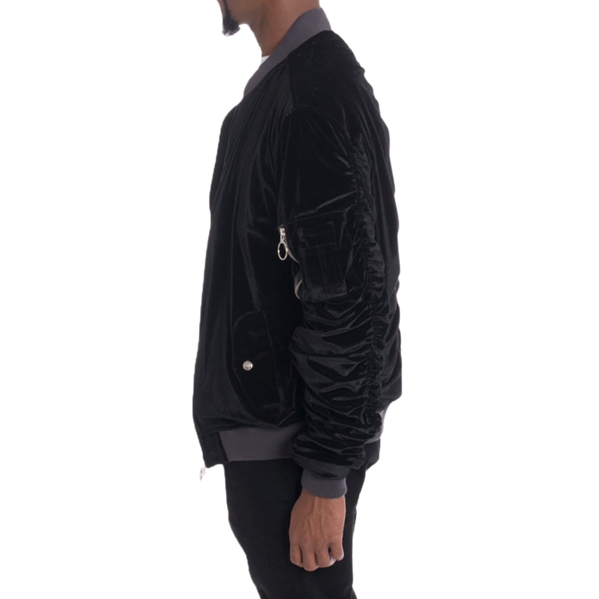 Men's Soft Velour Cinch Sleeve Black Bomber Jacket - Ash and Chrome Clothing Co LLC