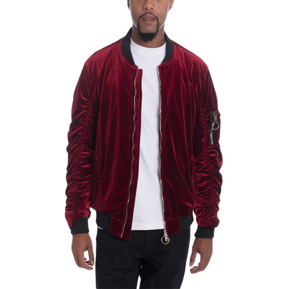 Men's Soft Velour Cinch Sleeve Maroon Bomber Jacket - Ash and Chrome Clothing Co LLC