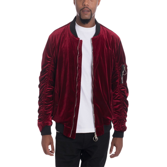 Men's Soft Velour Cinch Sleeve Maroon Bomber Jacket - Ash and Chrome Clothing Co LLC