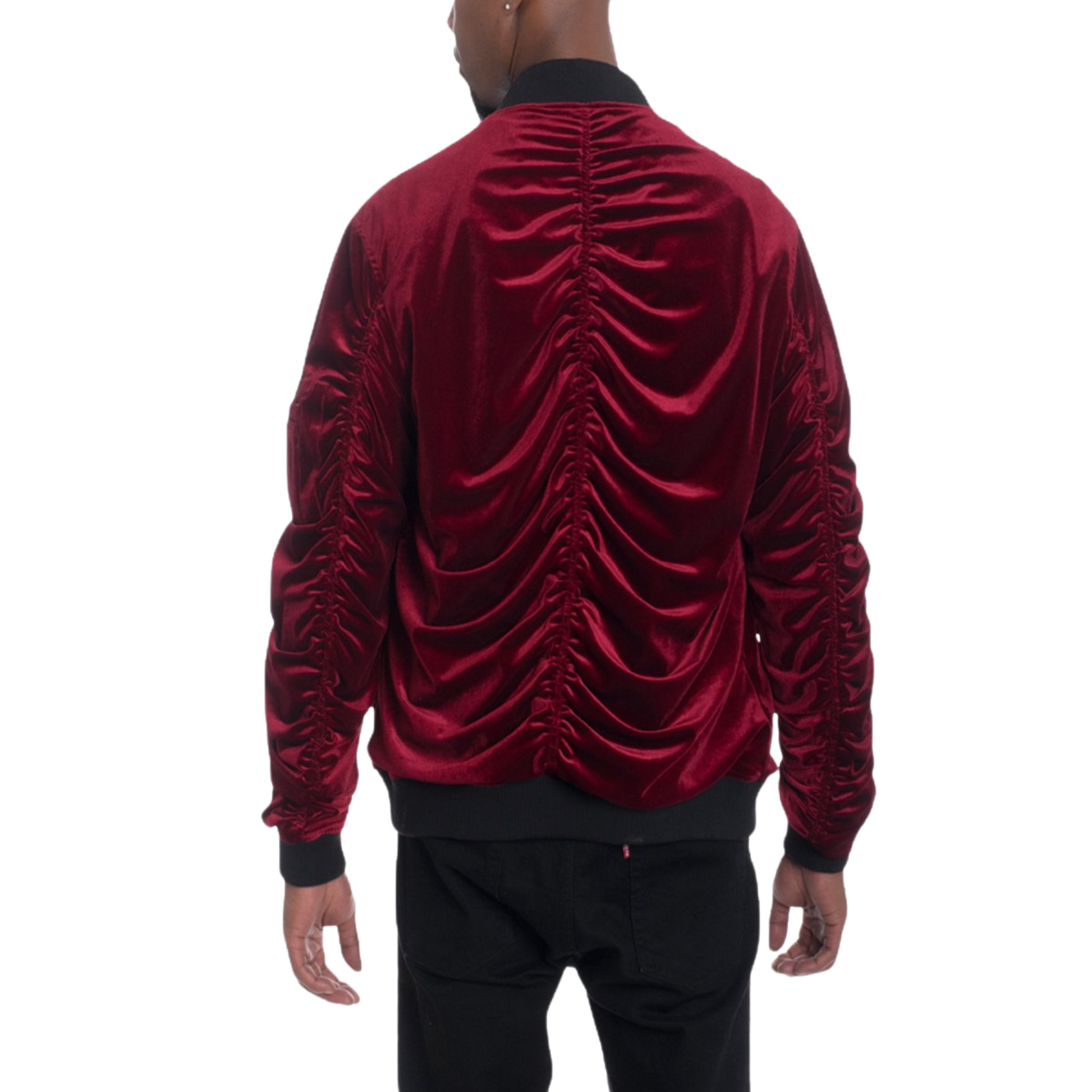 Men's Soft Velour Cinch Sleeve Maroon Bomber Jacket - Ash and Chrome Clothing Co LLC