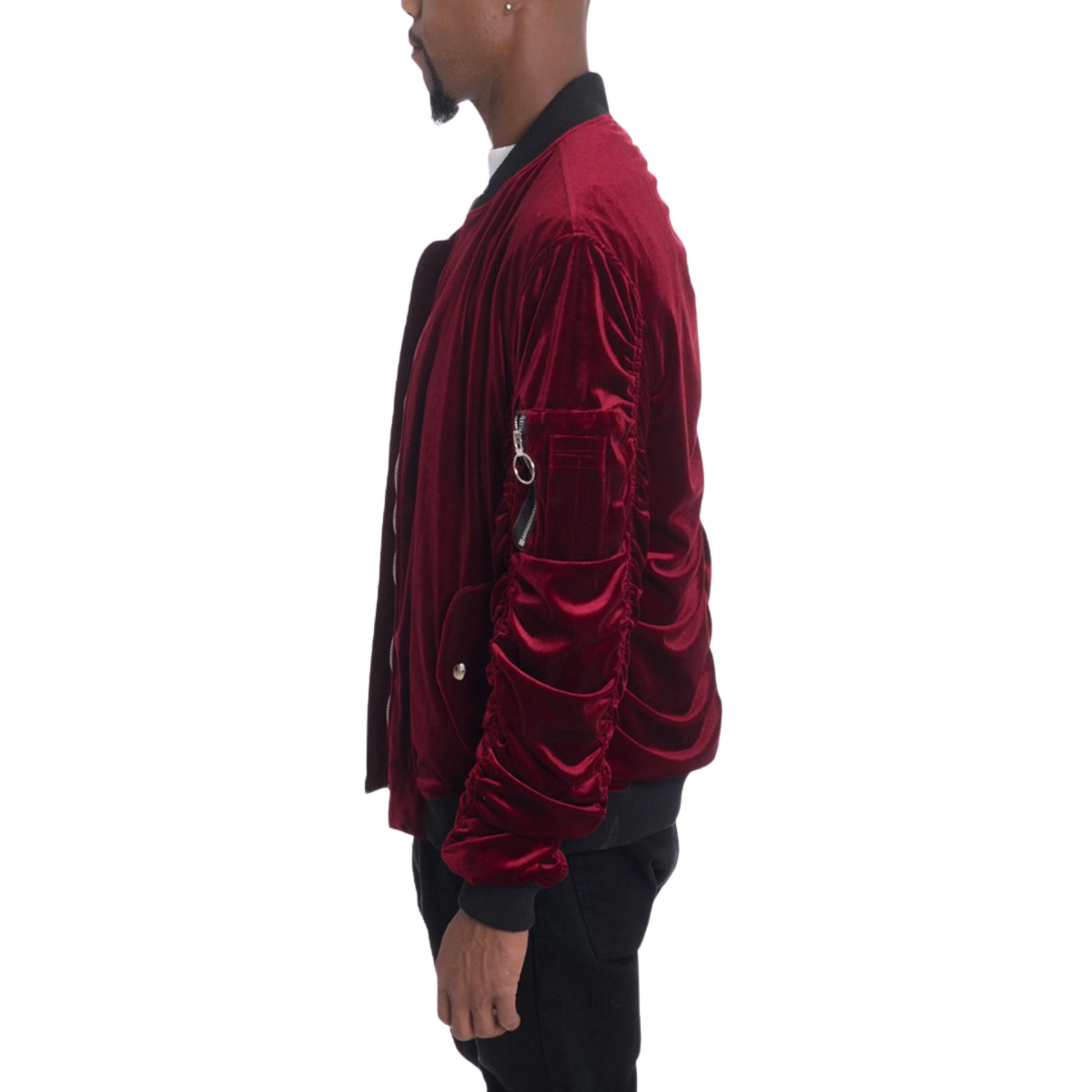 Men's Soft Velour Cinch Sleeve Maroon Bomber Jacket - Ash and Chrome Clothing Co LLC