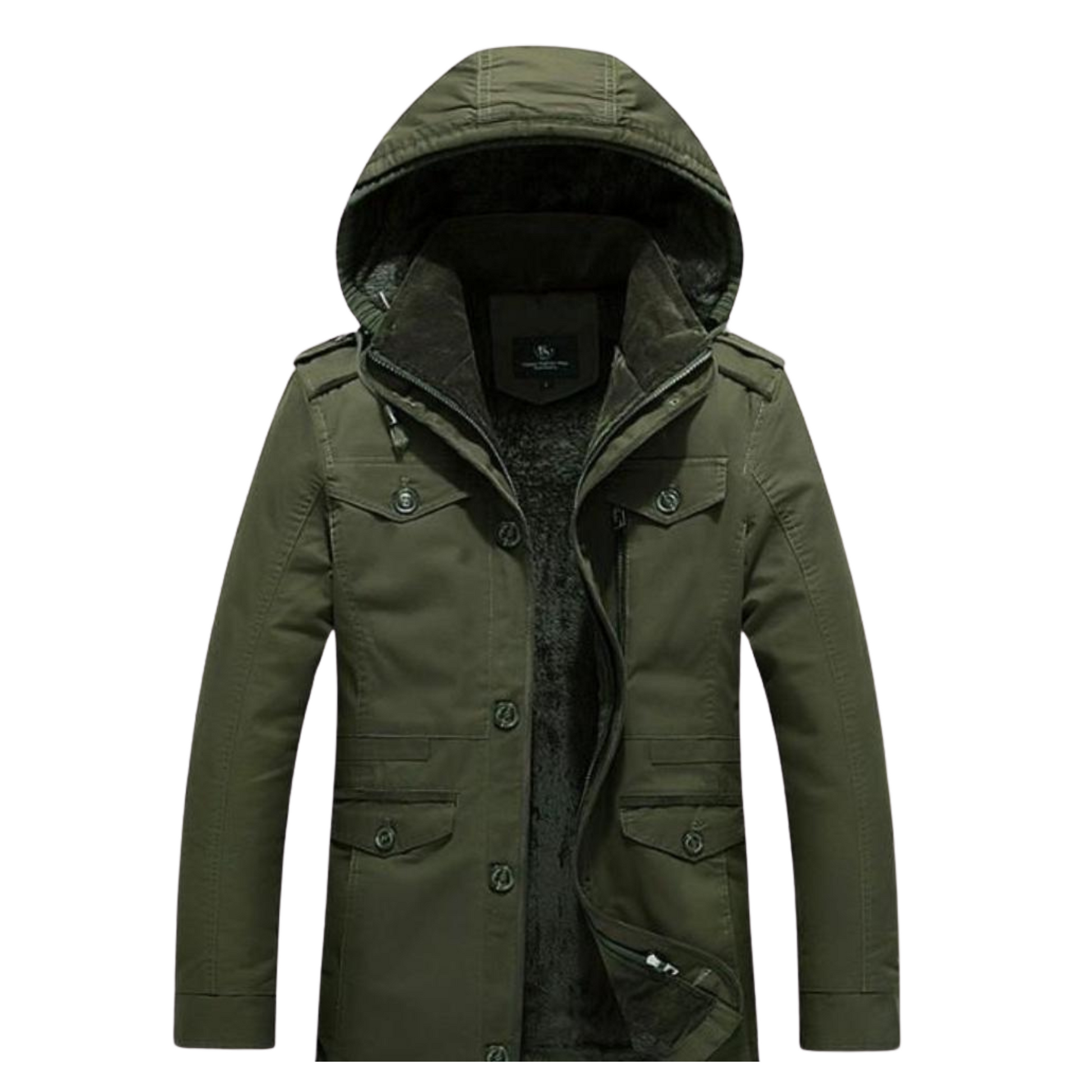 Men's True Outdoorsman Fleece Lined Hooded Parka Coat, featuring a military-inspired design, fleece-lined interior, and multiple pockets for ultimate warmth and functionality in cold weather. Available in Black, Khaki, and Army Green.