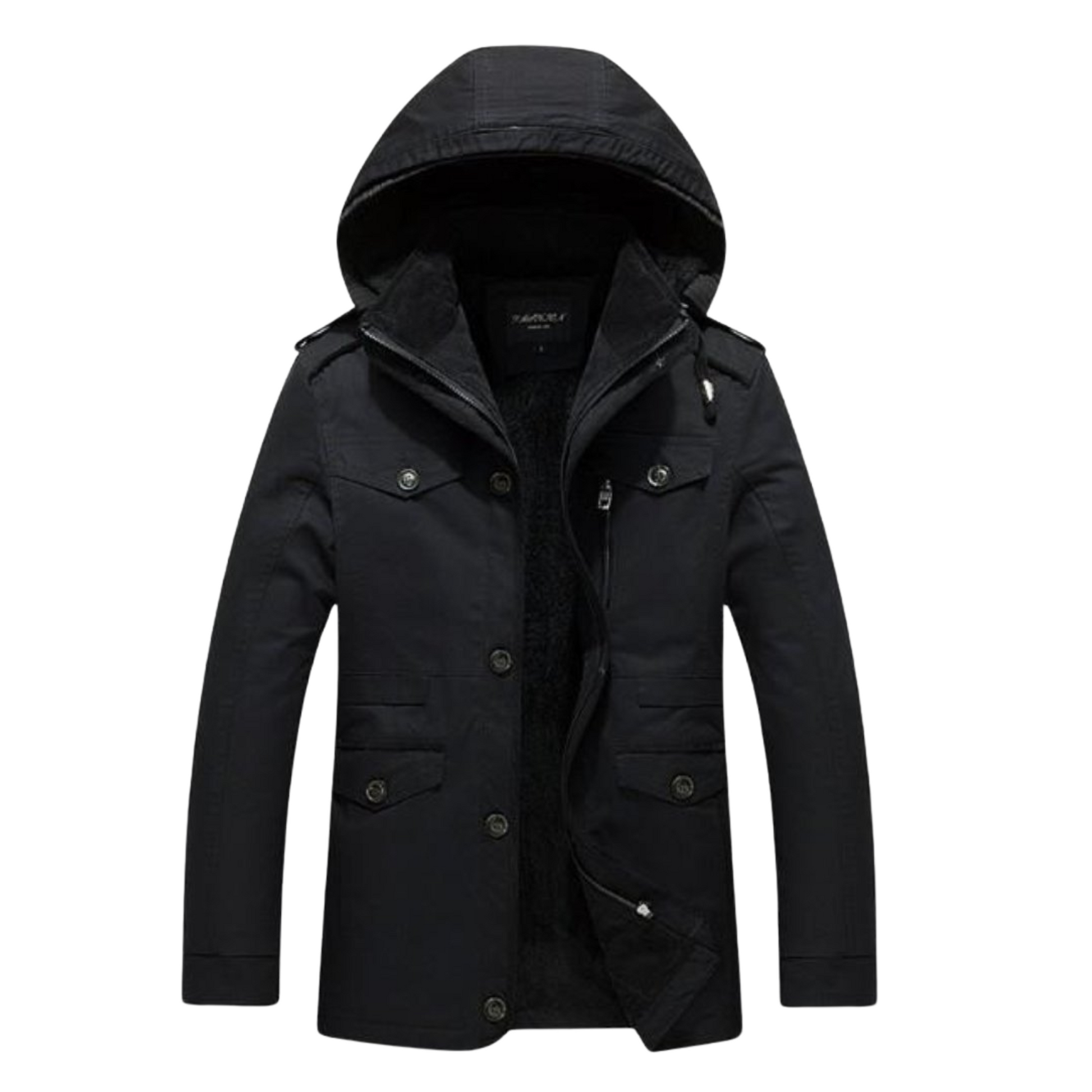 Men's True Outdoorsman Fleece Lined Hooded Parka Coat, featuring a military-inspired design, fleece-lined interior, and multiple pockets for ultimate warmth and functionality in cold weather. Available in Black, Khaki, and Army Green.