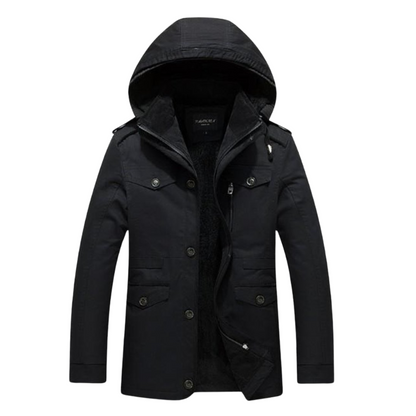 Men's True Outdoorsman Fleece Lined Hooded Parka Coat, featuring a military-inspired design, fleece-lined interior, and multiple pockets for ultimate warmth and functionality in cold weather. Available in Black, Khaki, and Army Green.