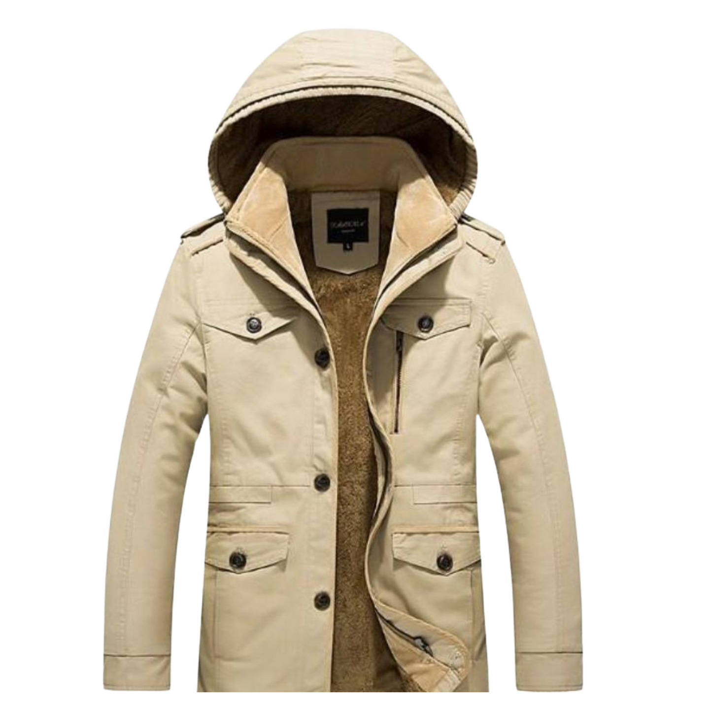 Men's True Outdoorsman Fleece Lined Hooded Parka Coat, featuring a military-inspired design, fleece-lined interior, and multiple pockets for ultimate warmth and functionality in cold weather. Available in Black, Khaki, and Army Green.