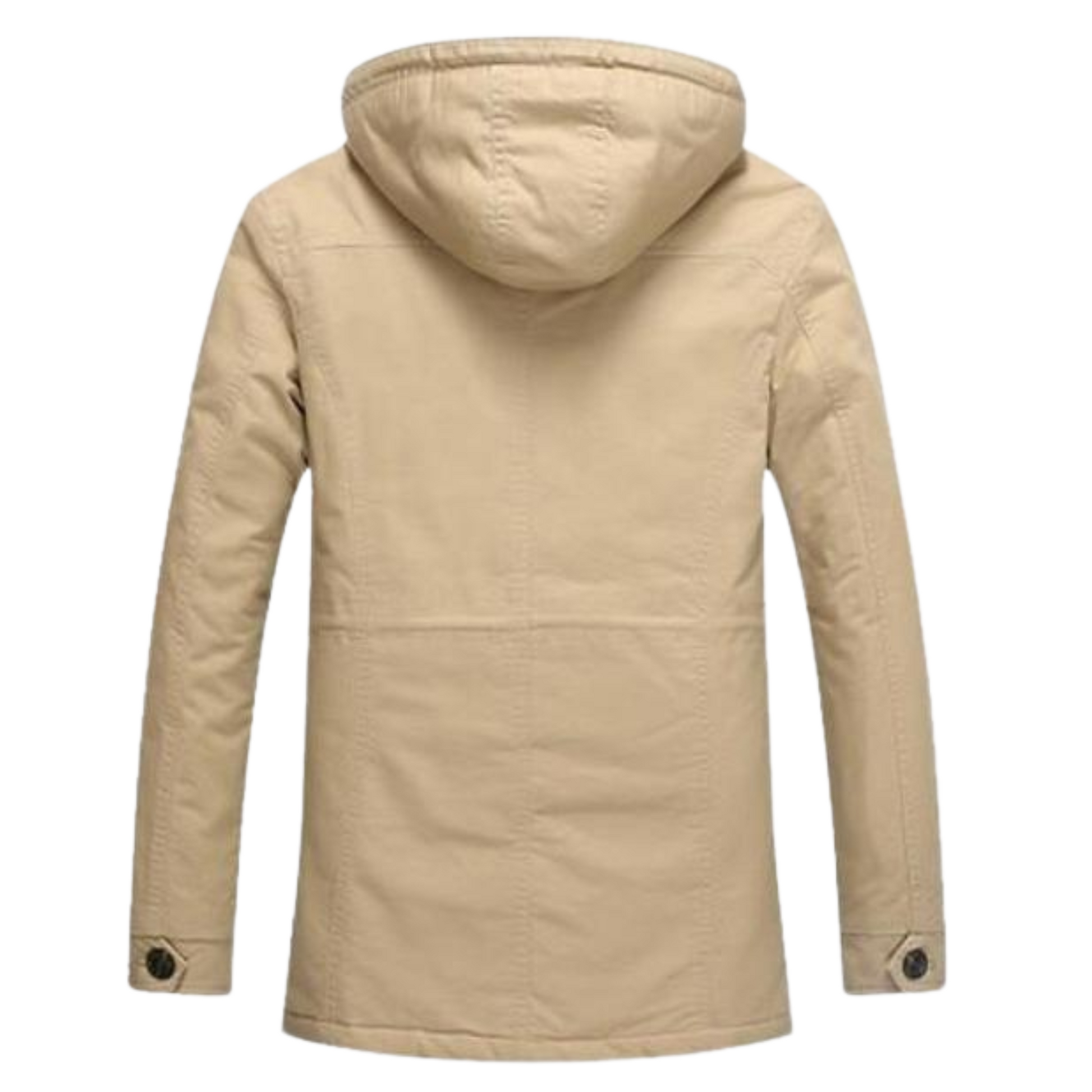 Men's True Outdoorsman Fleece Lined Hooded Parka Coat, featuring a military-inspired design, fleece-lined interior, and multiple pockets for ultimate warmth and functionality in cold weather. Available in Black, Khaki, and Army Green.