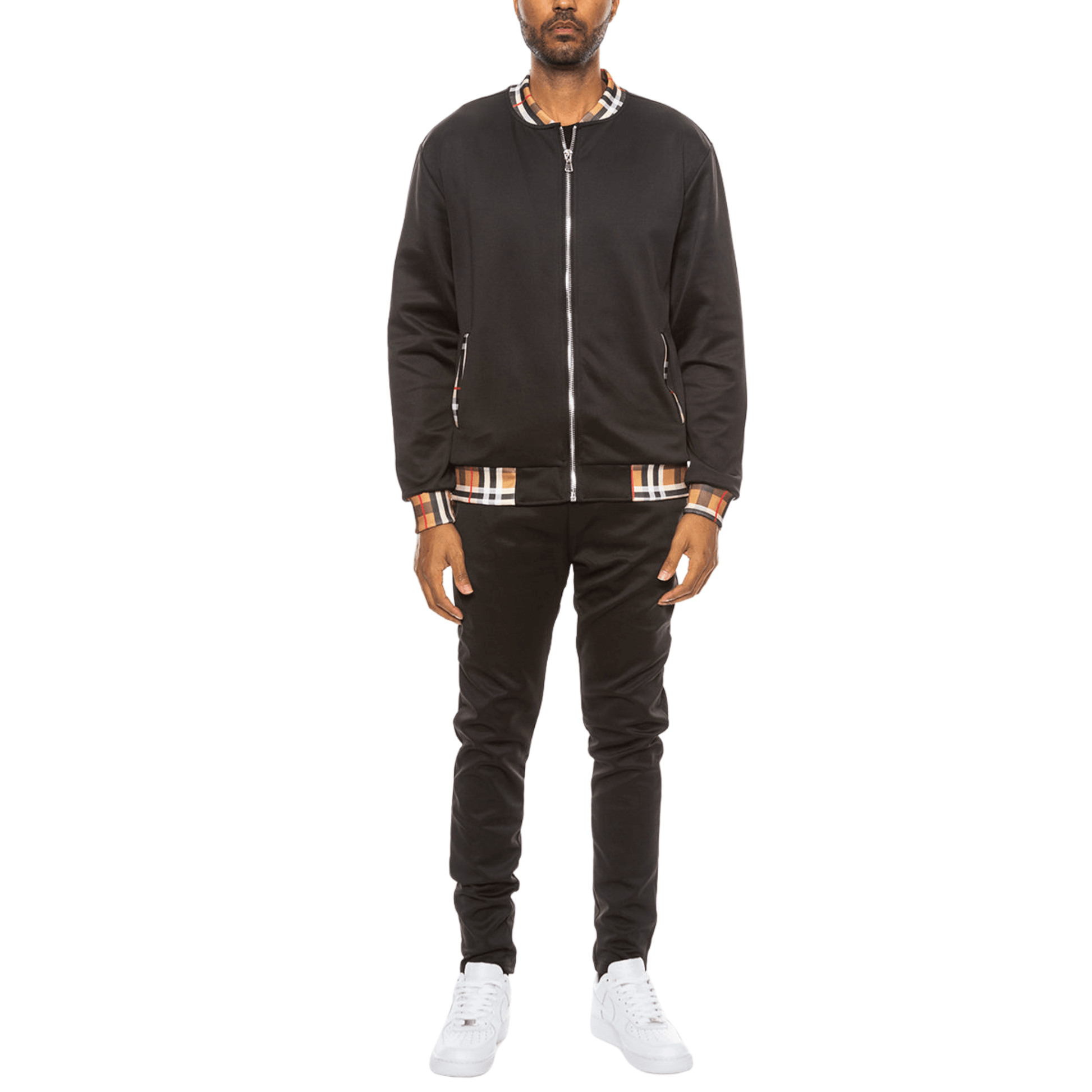 Men's two-piece Version Couture track suit with zip-up jacket and matching pants, featuring checkered detail on the collar, cuffs, and waistband.