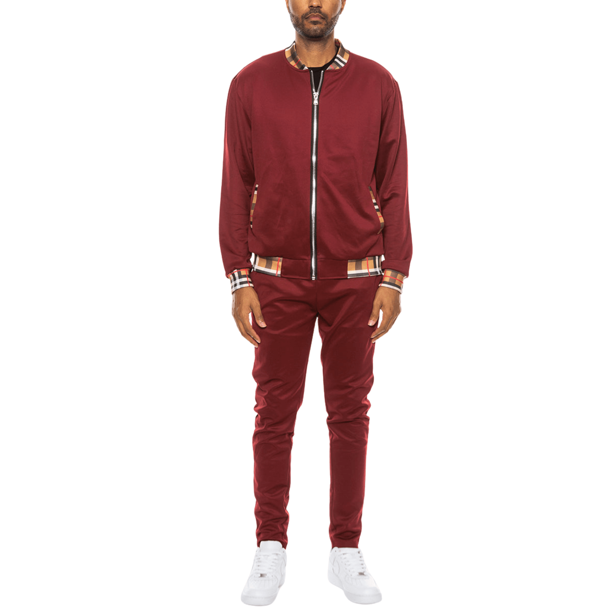 Men's two-piece Version Couture track suit with zip-up jacket and matching pants, featuring checkered detail on the collar, cuffs, and waistband.