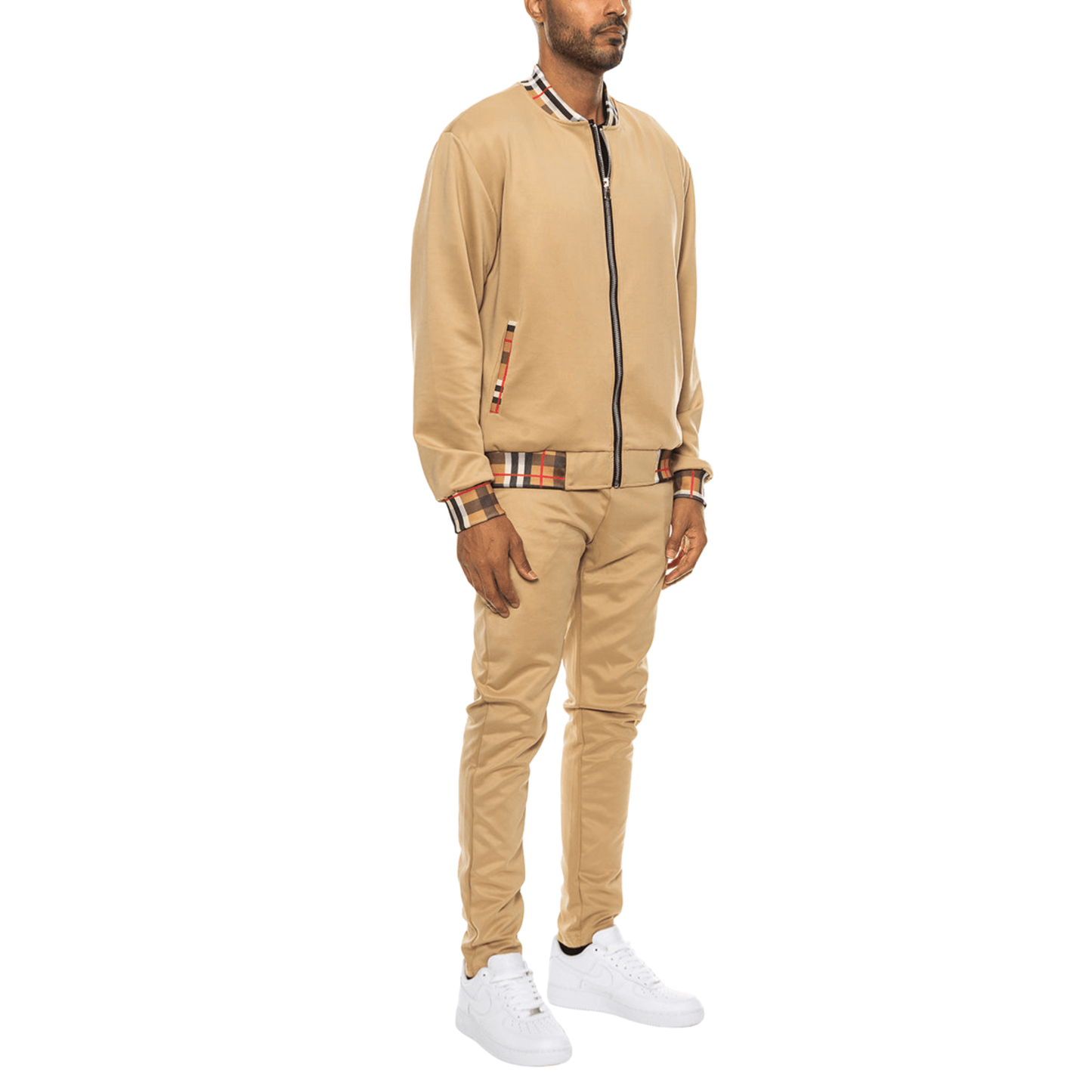 Men's two-piece Version Couture track suit with zip-up jacket and matching pants, featuring checkered detail on the collar, cuffs, and waistband.