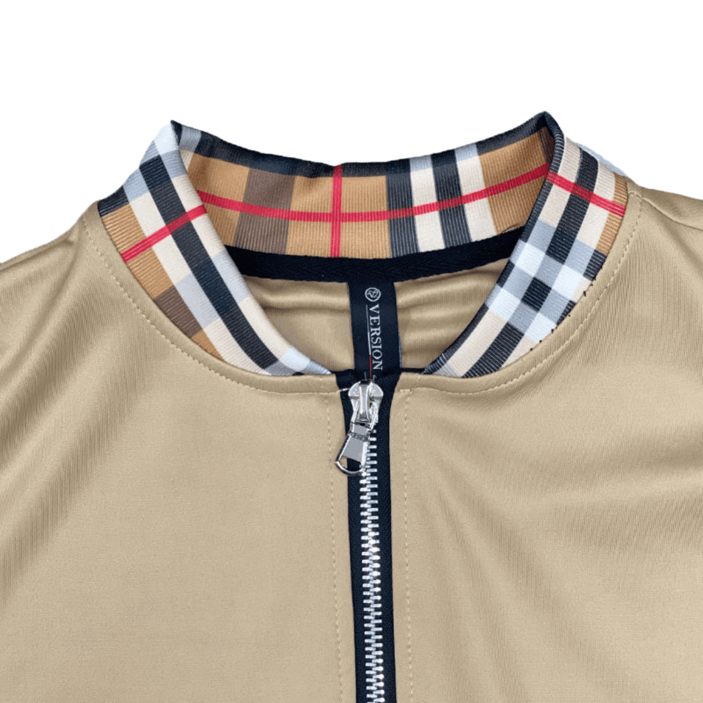 Men's two-piece Version Couture track suit with zip-up jacket and matching pants, featuring checkered detail on the collar, cuffs, and waistband.