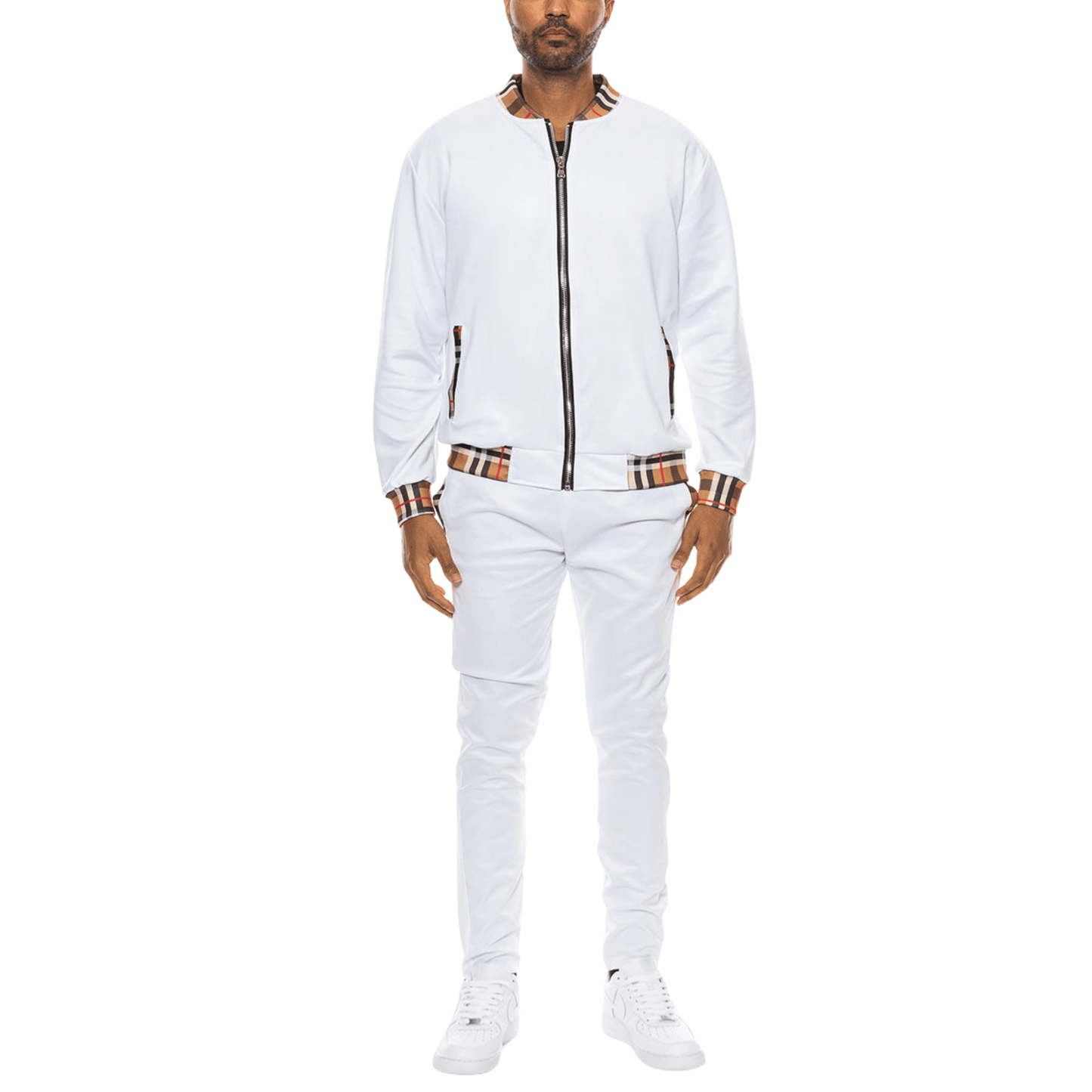 Men's two-piece Version Couture track suit with zip-up jacket and matching pants, featuring checkered detail on the collar, cuffs, and waistband.