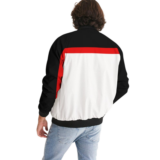 Men's Wakerlook Redline Bomber Jacket – lightweight white jacket with bold black and red accents, featuring ribbed cuffs, metal zip closure, and welt pockets, perfect for casual or sportswear.
