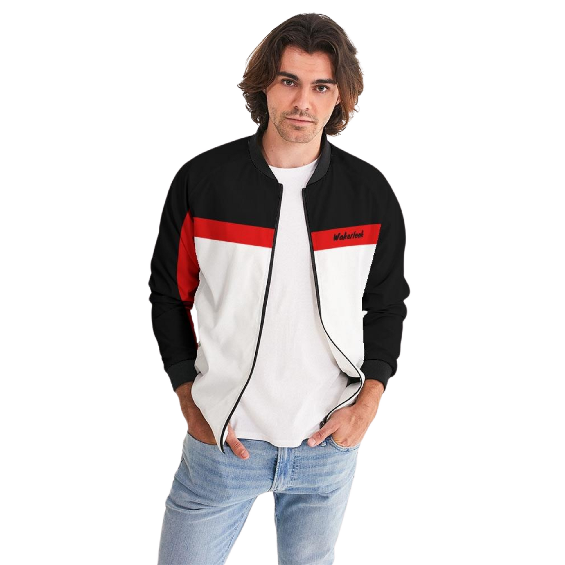 Men's Wakerlook Redline Bomber Jacket – lightweight white jacket with bold black and red accents, featuring ribbed cuffs, metal zip closure, and welt pockets, perfect for casual or sportswear.
