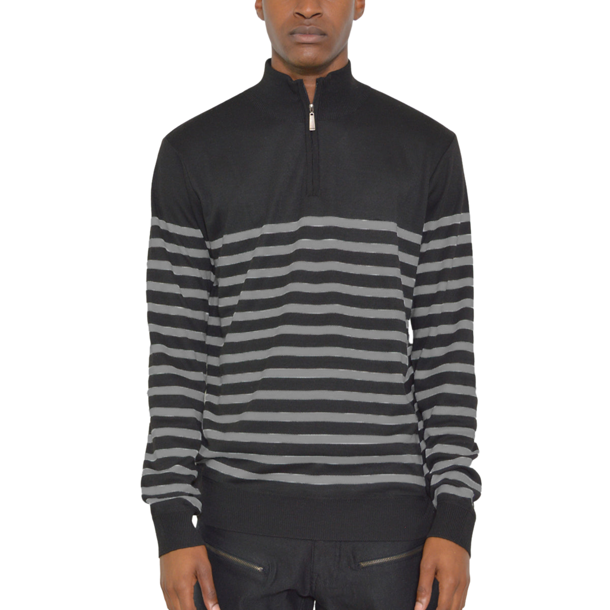 Men's Casual Quarter Zip Black and Gray Stripes Sweater - Ash and Chrome Clothing Co LLC