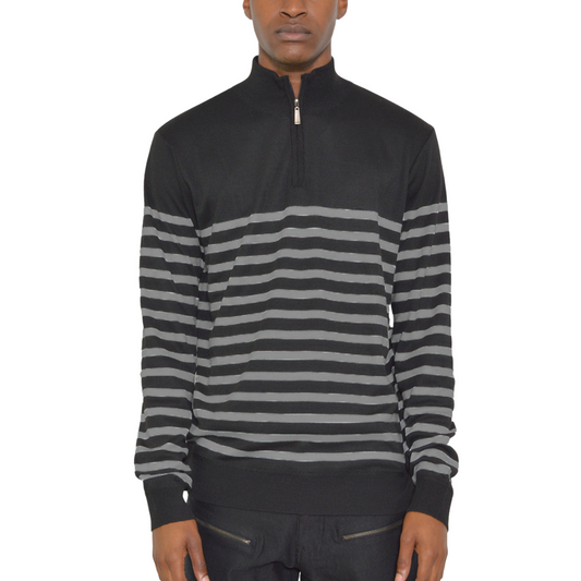 Men's Casual Quarter Zip Black and Gray Stripes Sweater - Ash and Chrome Clothing Co LLC