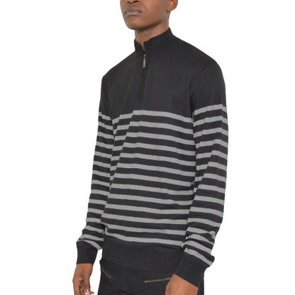 Men's Casual Quarter Zip Black and Gray Stripes Sweater - Ash and Chrome Clothing Co LLC
