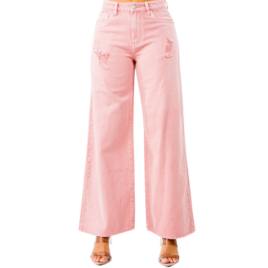 Women's American Bazi High Rise Pink Wide Leg Jeans with distressed details, wide-leg silhouette, and flattering high waist for a stylish and relaxed fit.