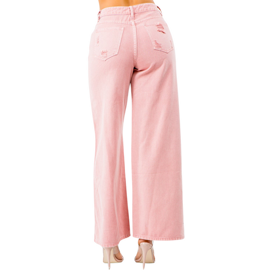 Women's American Bazi High Rise Pink Wide Leg Jeans with distressed details, wide-leg silhouette, and flattering high waist for a stylish and relaxed fit.