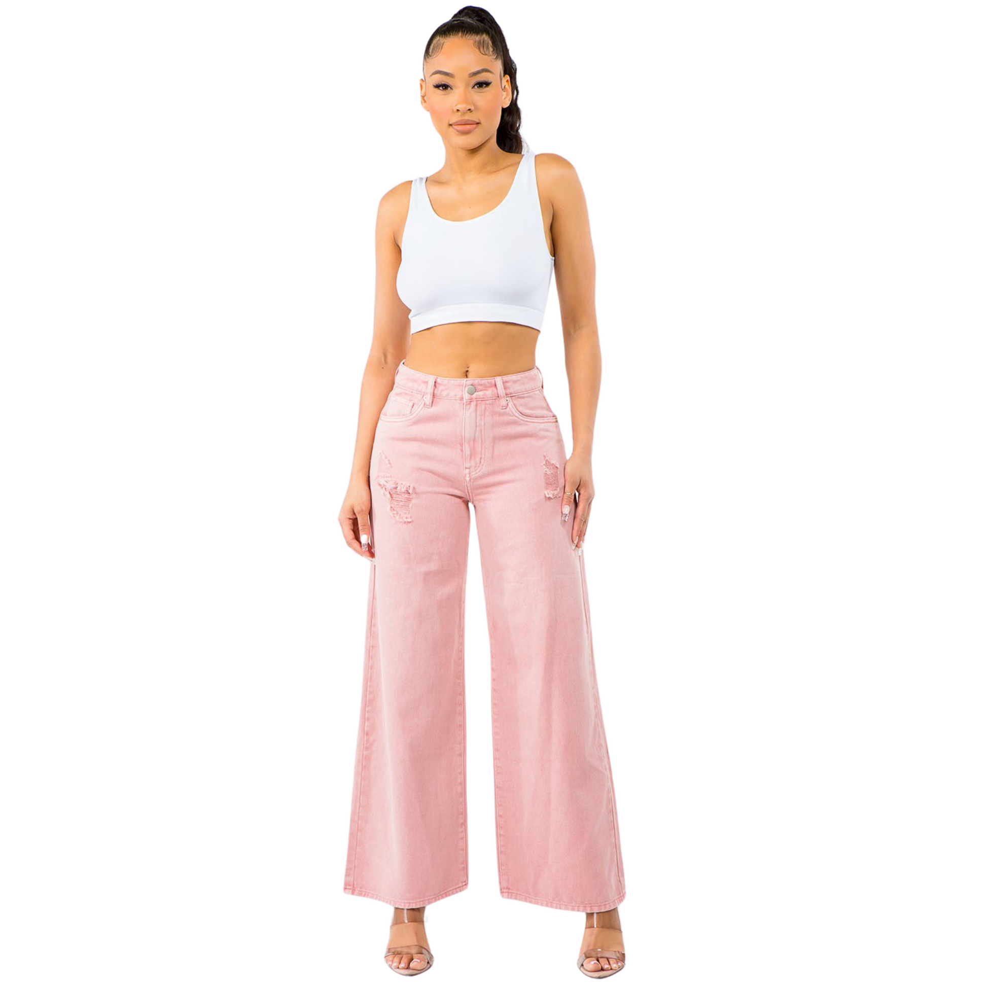 Women's American Bazi High Rise Pink Wide Leg Jeans with distressed details, wide-leg silhouette, and flattering high waist for a stylish and relaxed fit.
