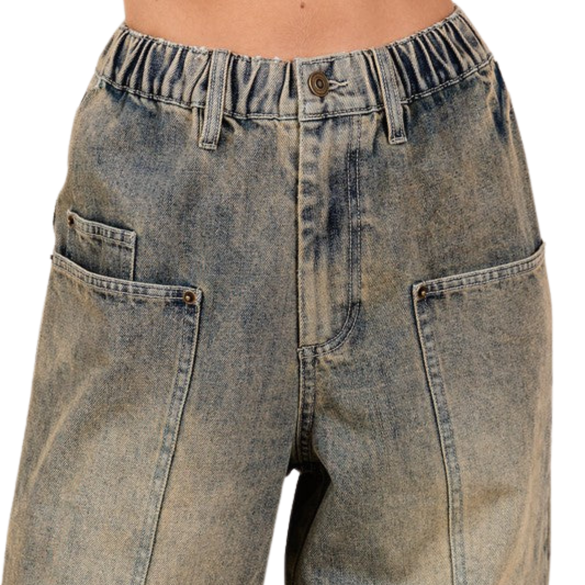 Upgrade your wardrobe with Women's Dirty Denim Wide Leg Jeans by Mitto. Featuring a flattering wide leg cut, stretchy waist, and functional pockets, these jeans offer vintage charm and modern comfort.