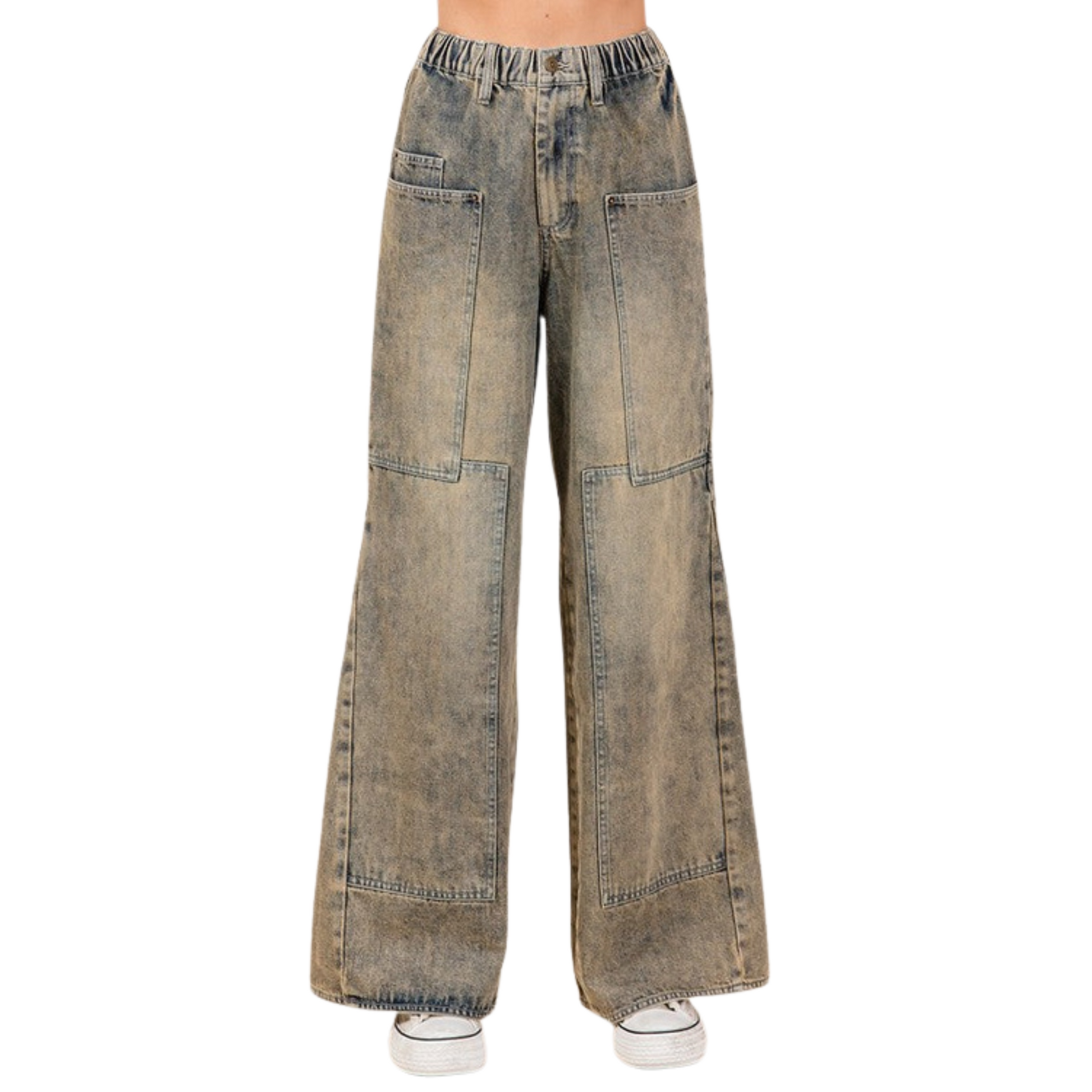 Upgrade your wardrobe with Women's Dirty Denim Wide Leg Jeans by Mitto. Featuring a flattering wide leg cut, stretchy waist, and functional pockets, these jeans offer vintage charm and modern comfort.