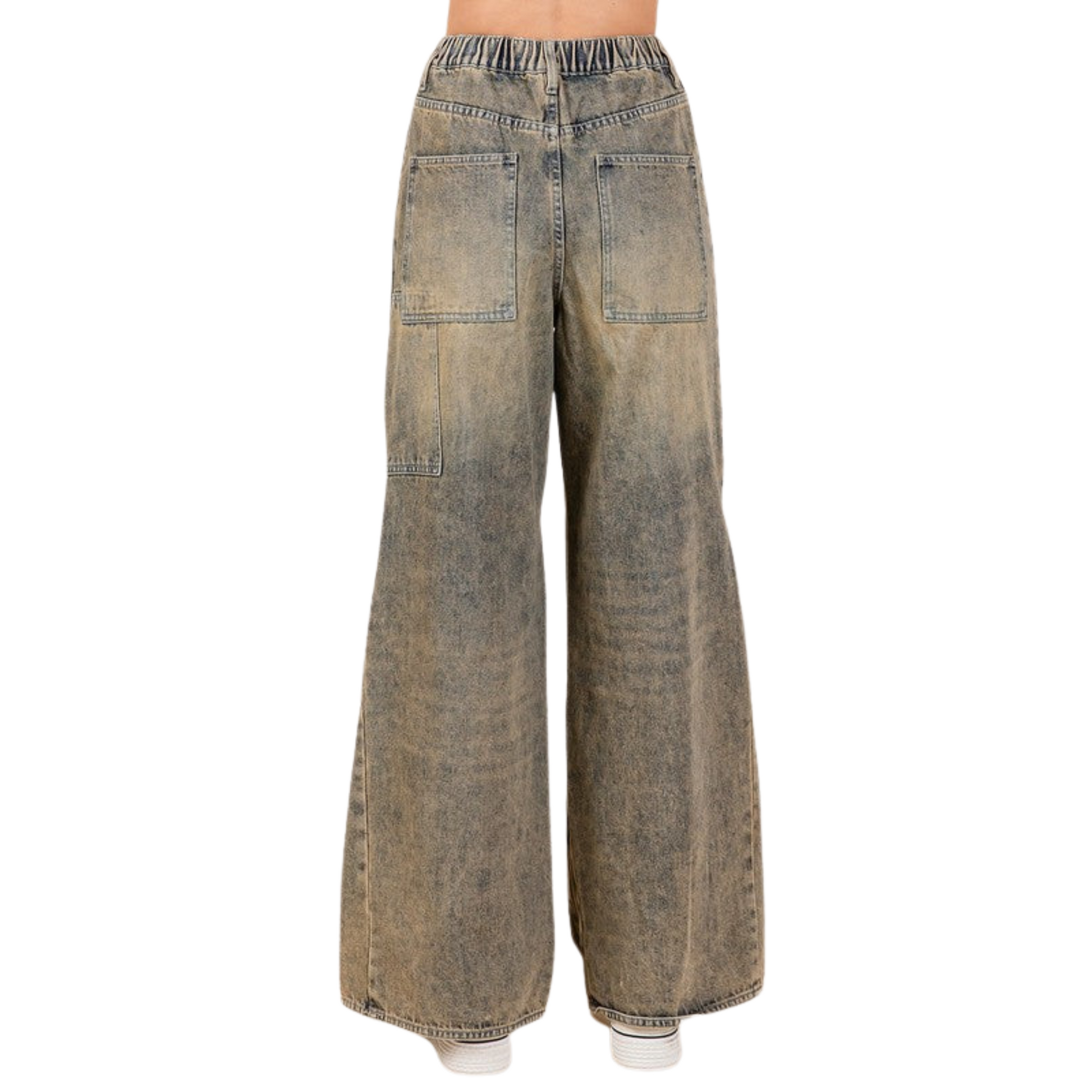 Upgrade your wardrobe with Women's Dirty Denim Wide Leg Jeans by Mitto. Featuring a flattering wide leg cut, stretchy waist, and functional pockets, these jeans offer vintage charm and modern comfort.