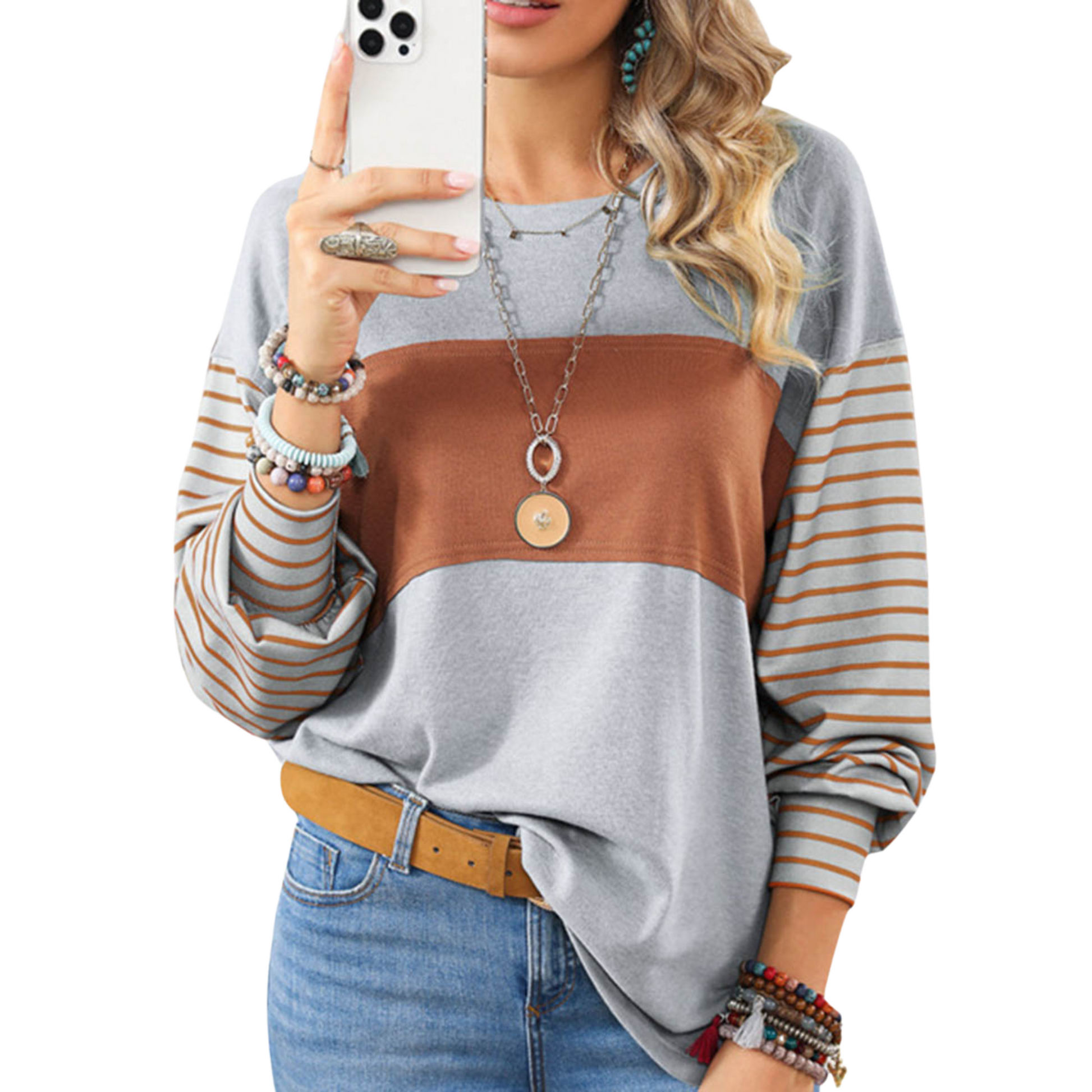 Women's Elegant Long Sleeve Striped Oversize Henley Shirt in a bold color block design, crafted from polyester and elastane for breathability and comfort.