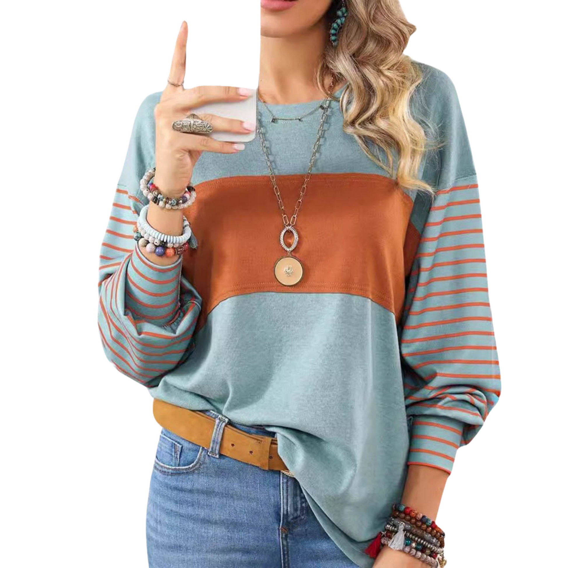 Women's Elegant Long Sleeve Striped Oversize Henley Shirt in a bold color block design, crafted from polyester and elastane for breathability and comfort.