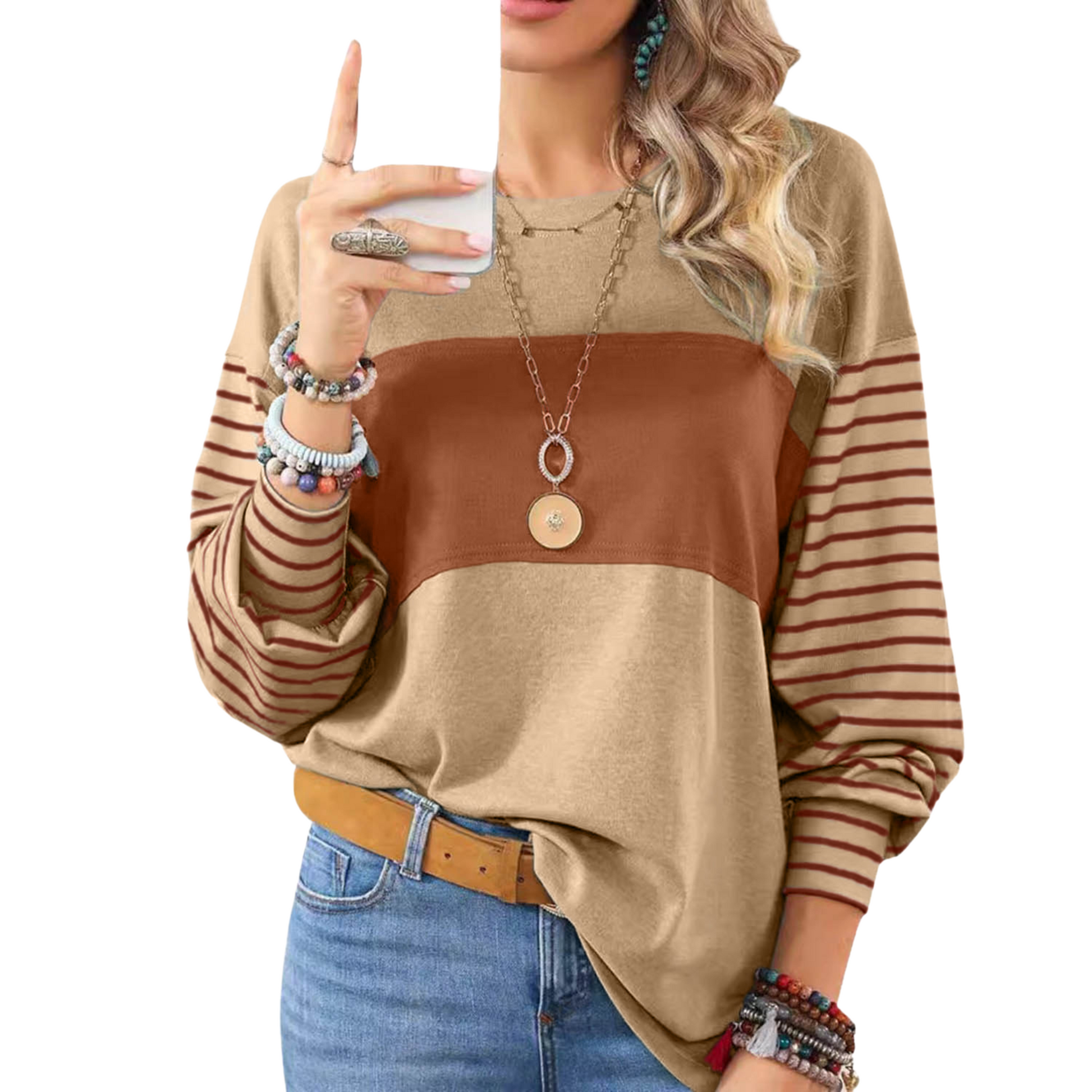 Women's Elegant Long Sleeve Striped Oversize Henley Shirt in a bold color block design, crafted from polyester and elastane for breathability and comfort.