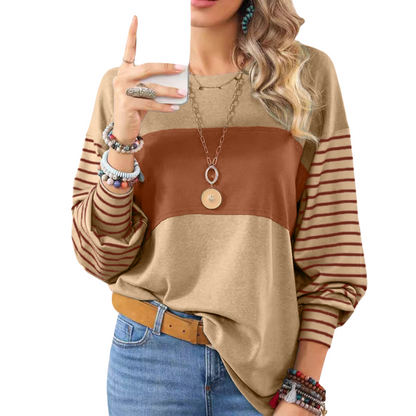 Women's Elegant Long Sleeve Striped Oversize Henley Shirt in a bold color block design, crafted from polyester and elastane for breathability and comfort.