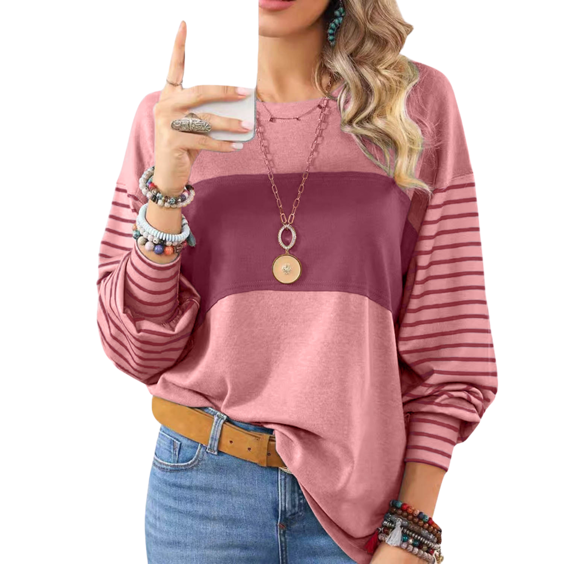 Women's Elegant Long Sleeve Striped Oversize Henley Shirt in a bold color block design, crafted from polyester and elastane for breathability and comfort.