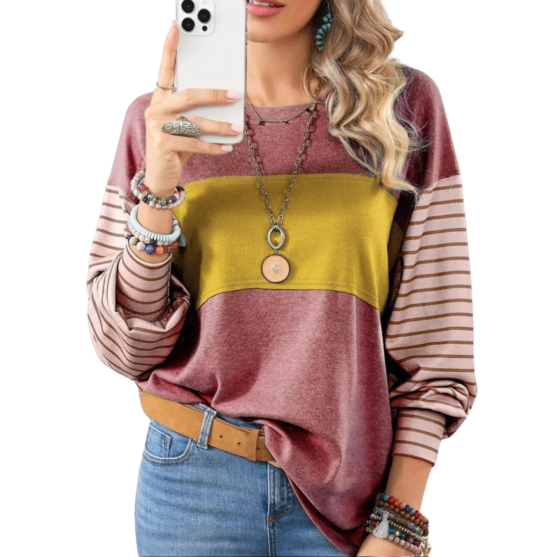 Women's Elegant Long Sleeve Striped Oversize Henley Shirt in a bold color block design, crafted from polyester and elastane for breathability and comfort.