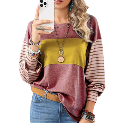 Women's Elegant Long Sleeve Striped Oversize Henley Shirt in a bold color block design, crafted from polyester and elastane for breathability and comfort.