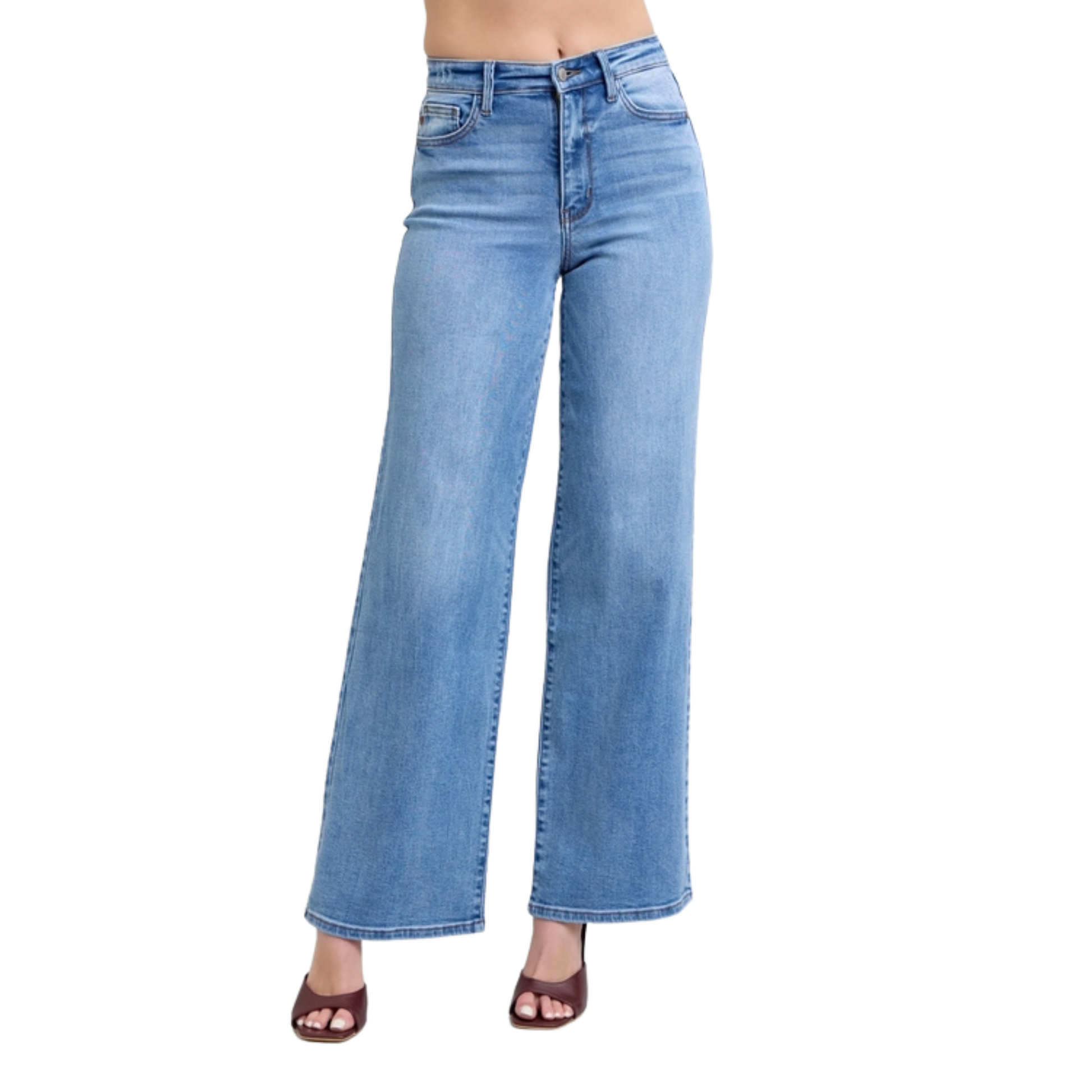 Women’s High Rise Flare Bottom Judy Blue Denim Jeans with wide-leg silhouette, high-rise waist, and front and back pockets in light-washed denim.