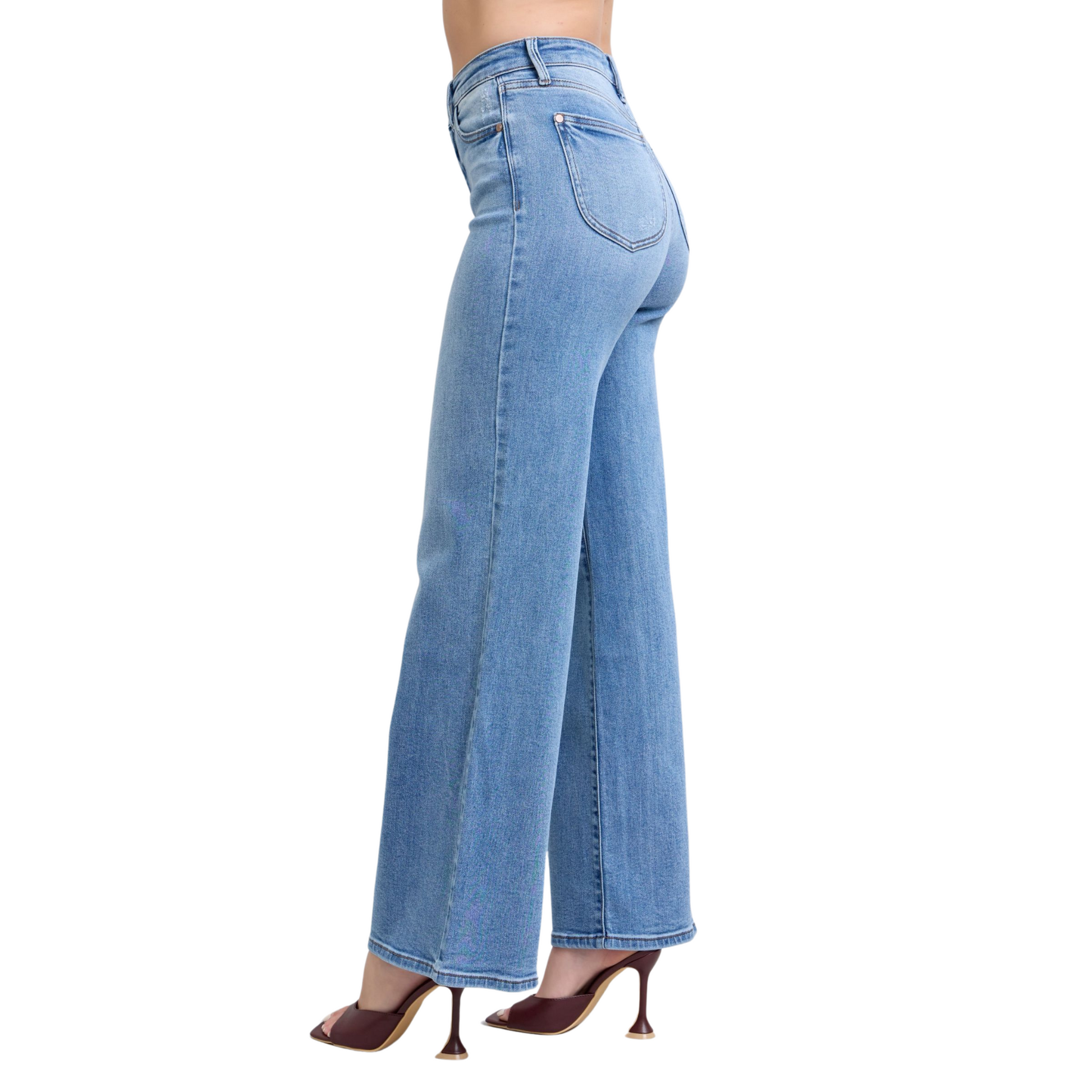 Women’s High Rise Flare Bottom Judy Blue Denim Jeans with wide-leg silhouette, high-rise waist, and front and back pockets in light-washed denim.