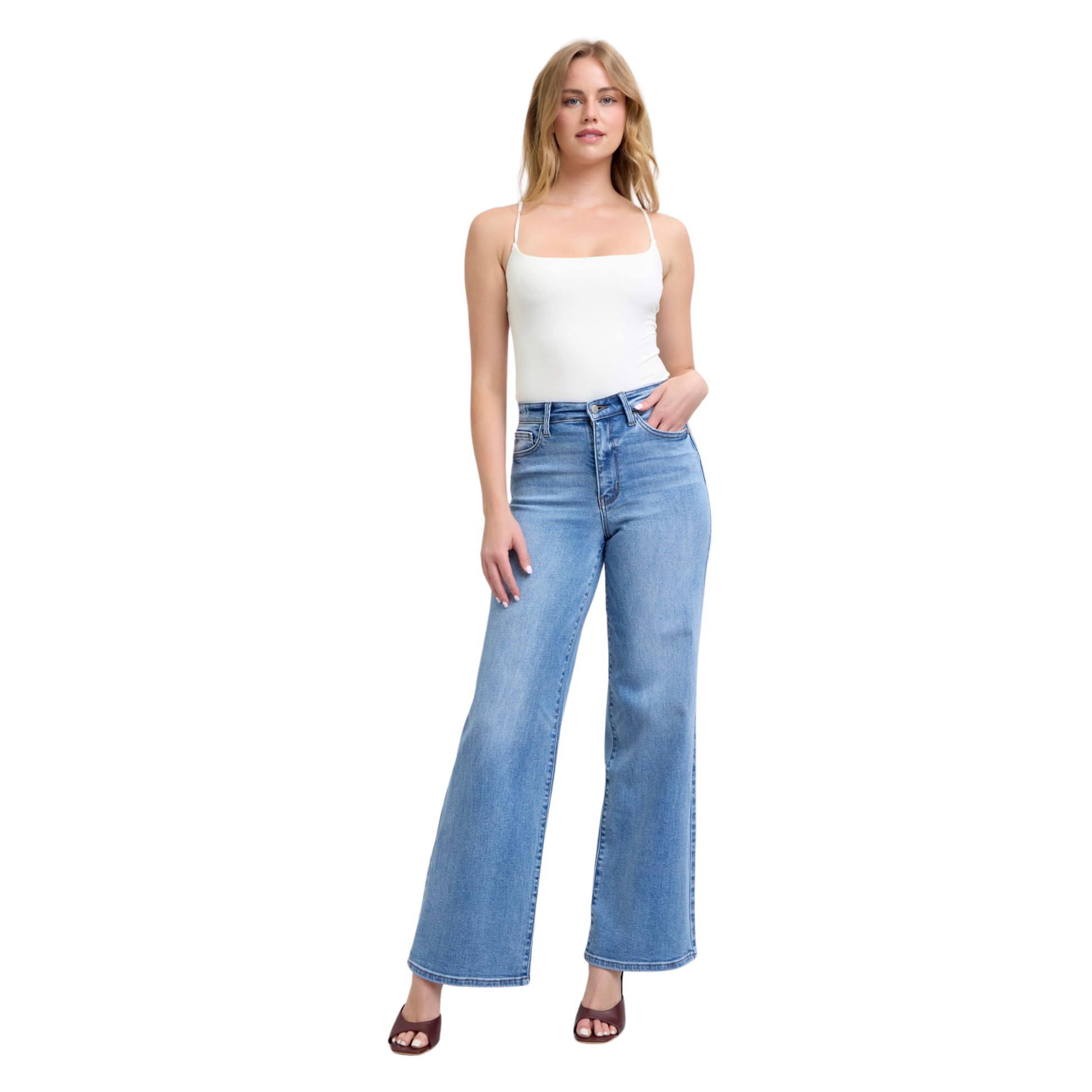 Women’s High Rise Flare Bottom Judy Blue Denim Jeans with wide-leg silhouette, high-rise waist, and front and back pockets in light-washed denim.