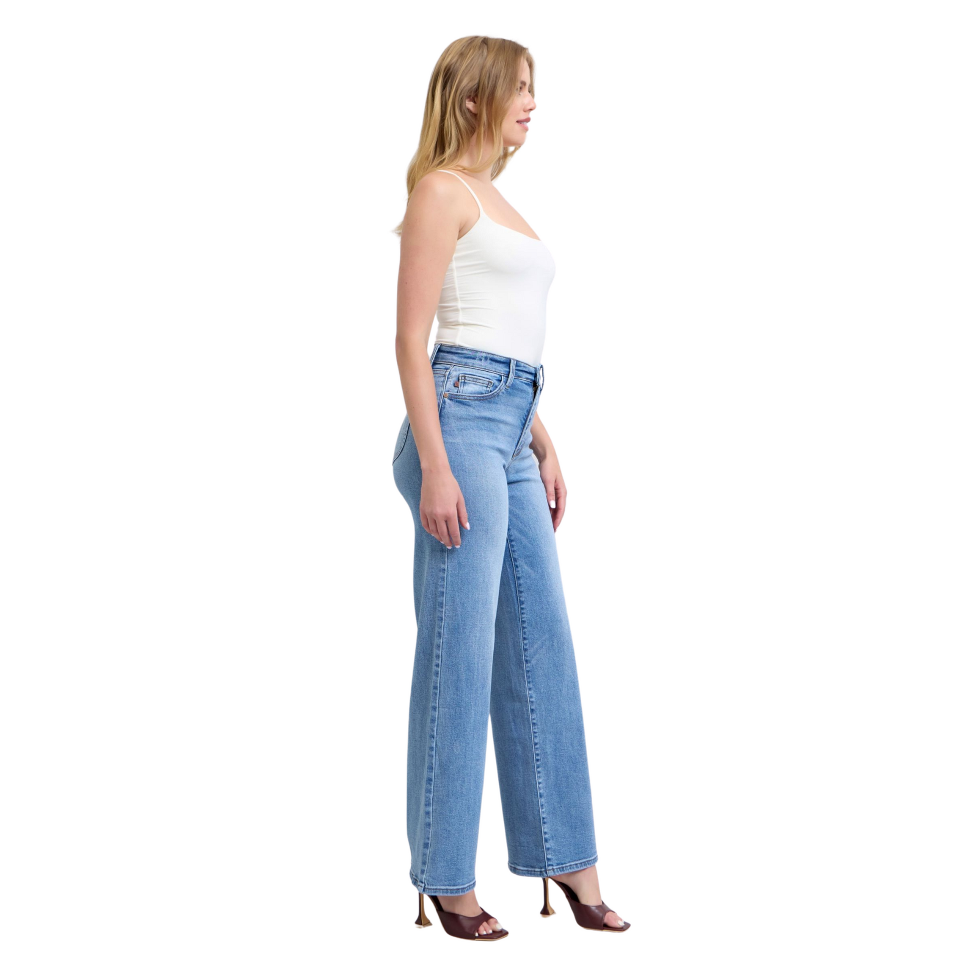 Women’s High Rise Flare Bottom Judy Blue Denim Jeans with wide-leg silhouette, high-rise waist, and front and back pockets in light-washed denim.