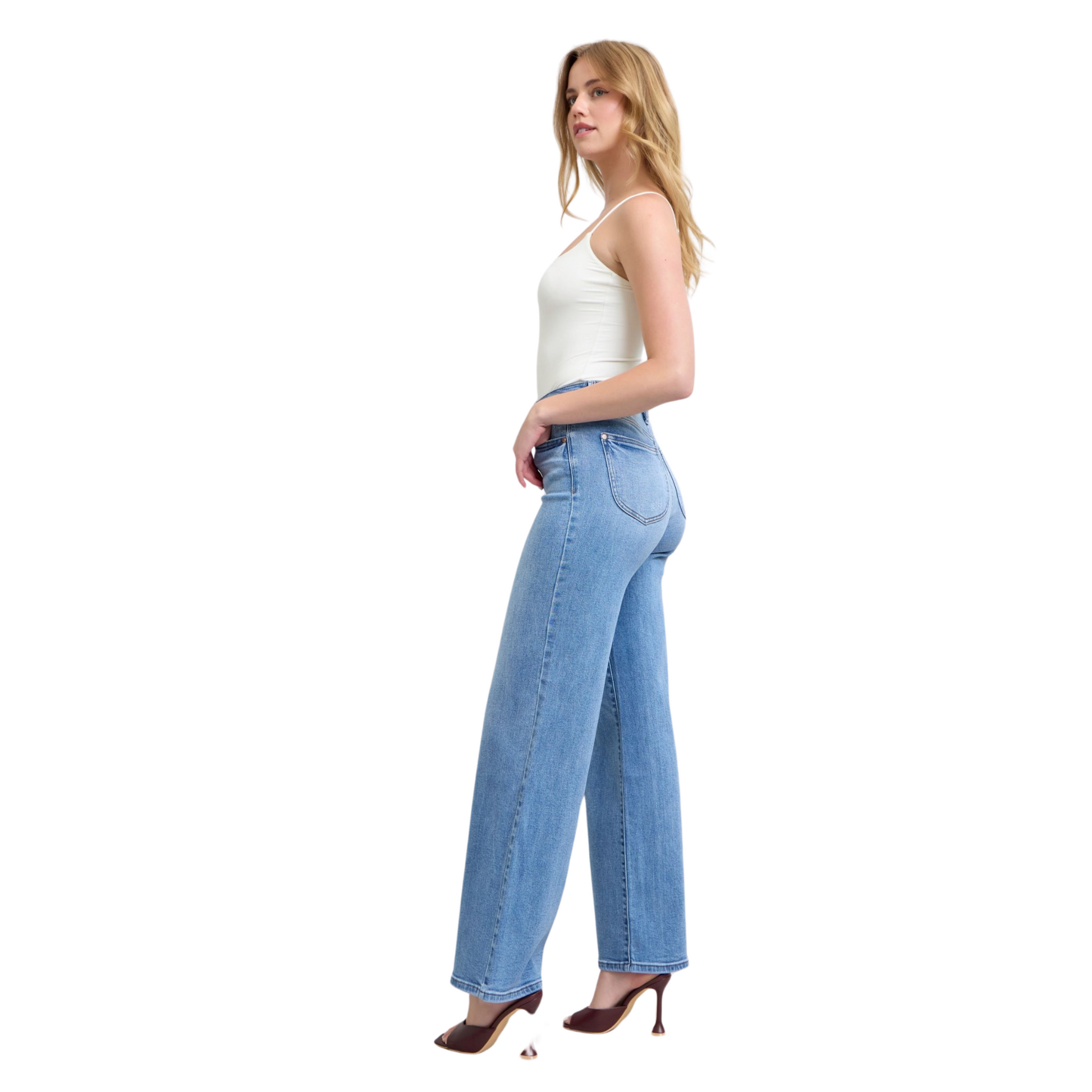 Women’s High Rise Flare Bottom Judy Blue Denim Jeans with wide-leg silhouette, high-rise waist, and front and back pockets in light-washed denim.