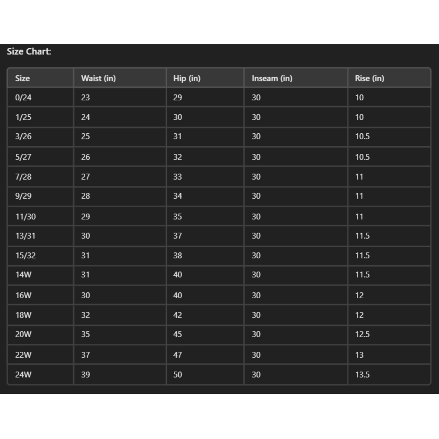 size chart
